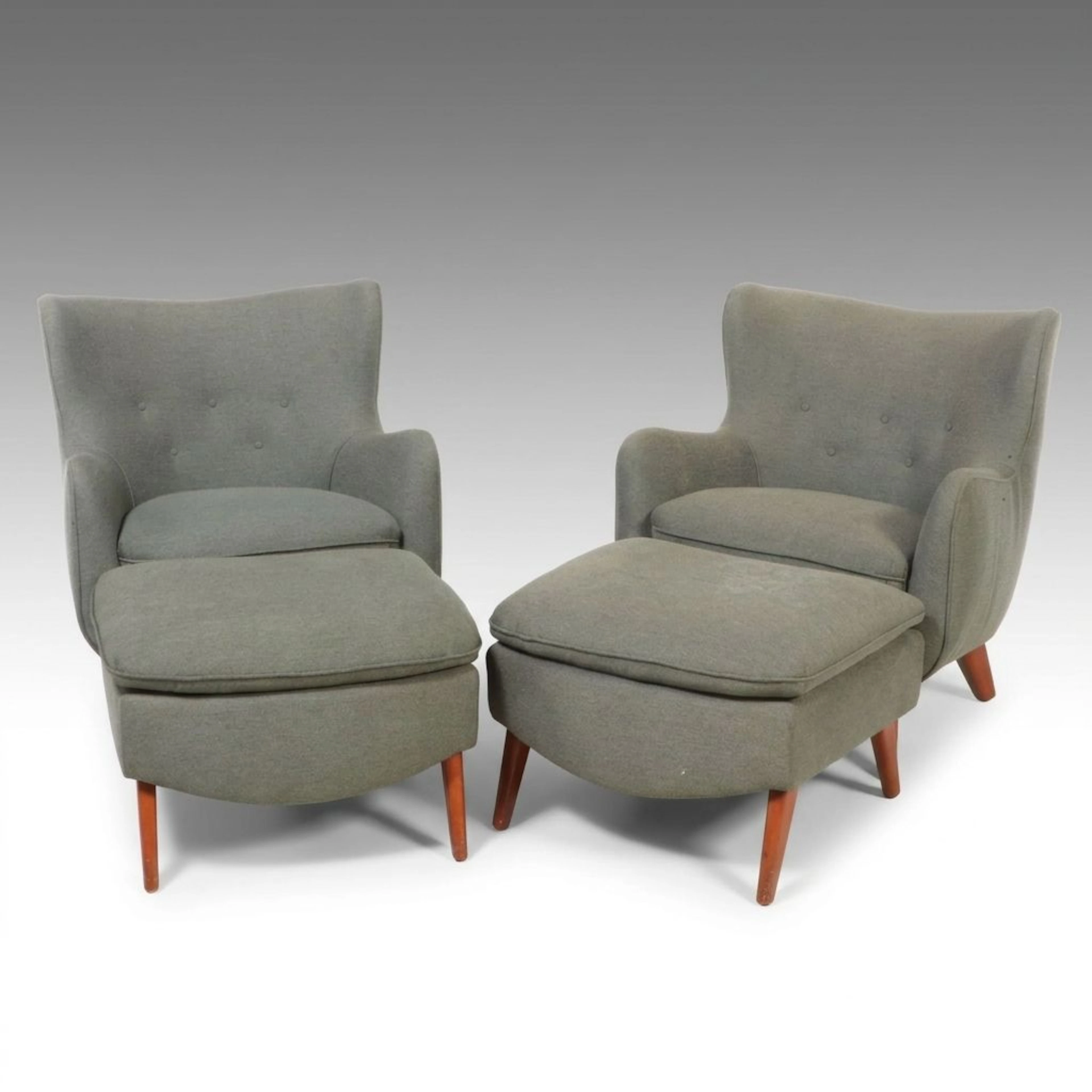 Mid Century Modern Wingback Lounge Chairs and Ottomans, Manner of George Nelson
