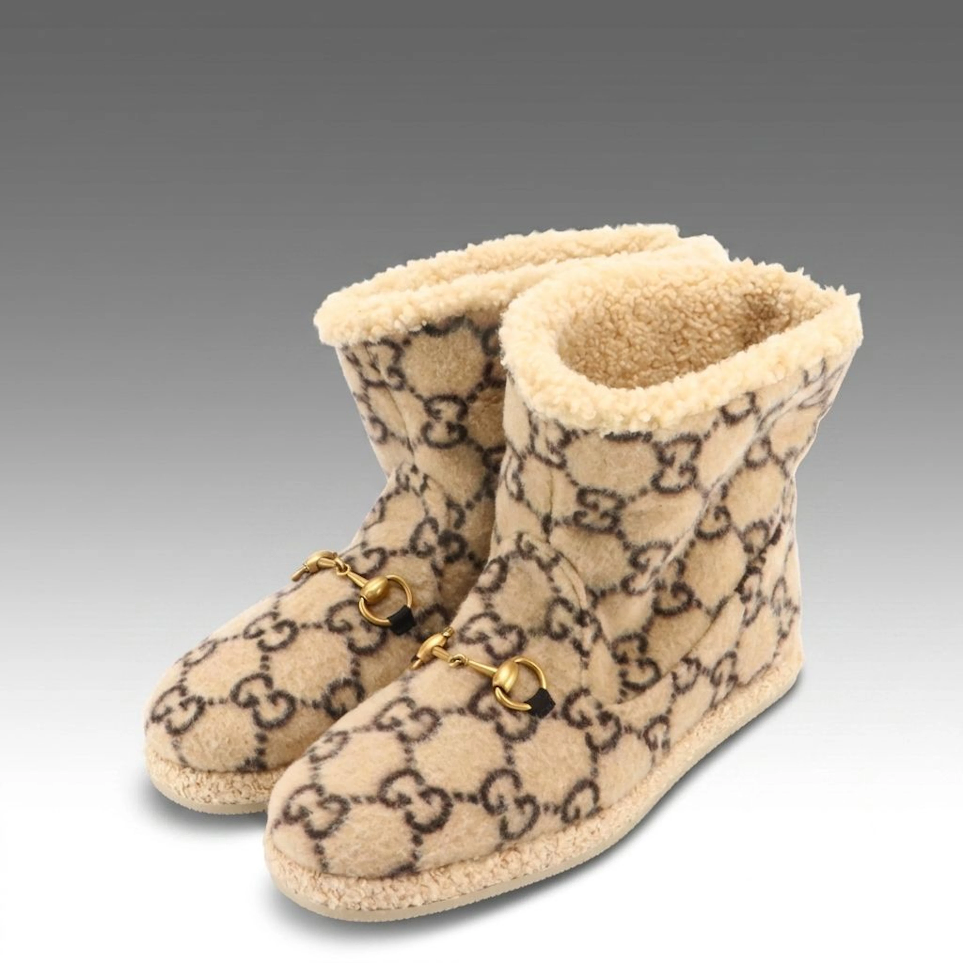 Men's Gucci Fria Horsebit Booties/Slippers in GG Dyed Lambswool/Shearling, Box