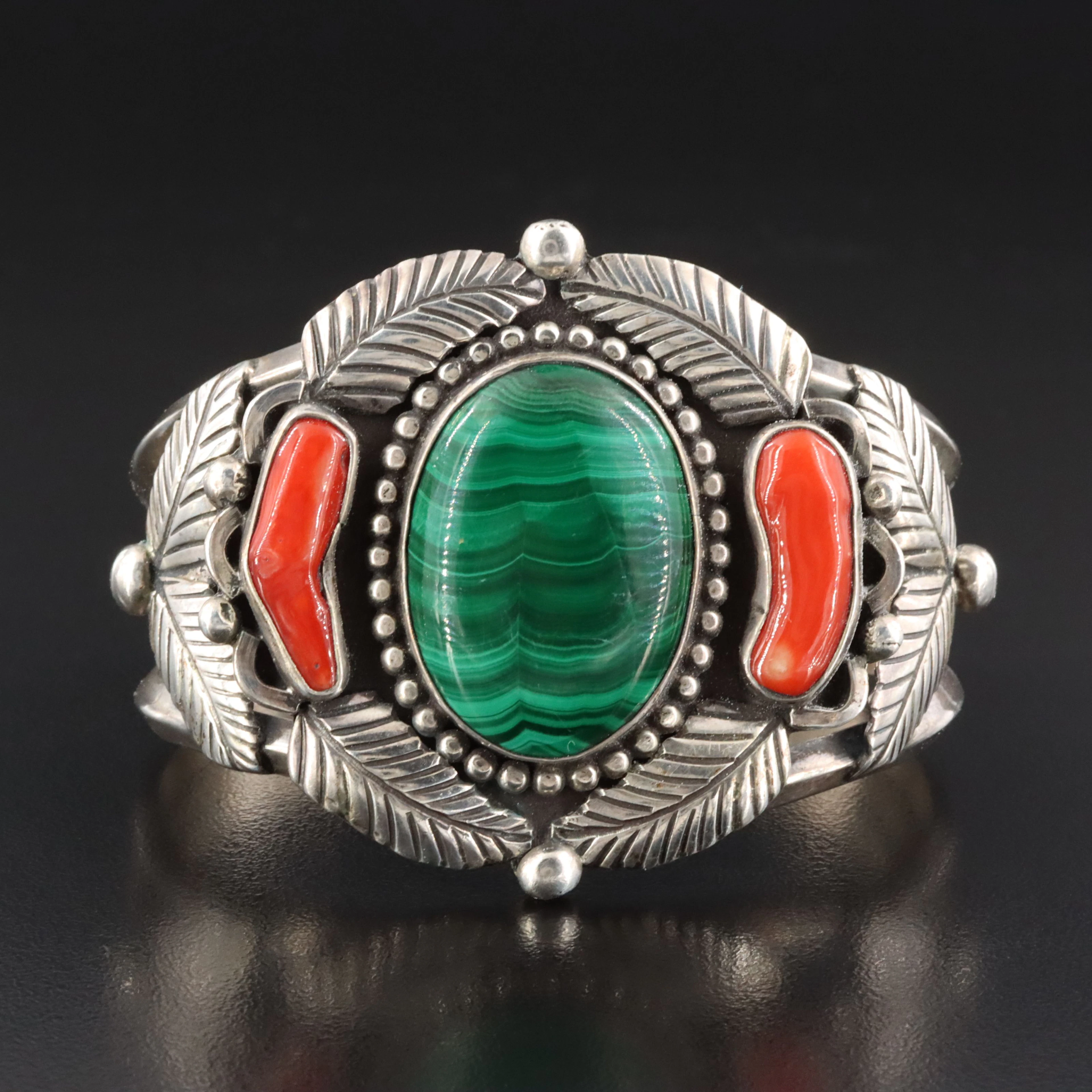 Southwestern Sterling Malachite and Coral Feather Cuff Bracelet