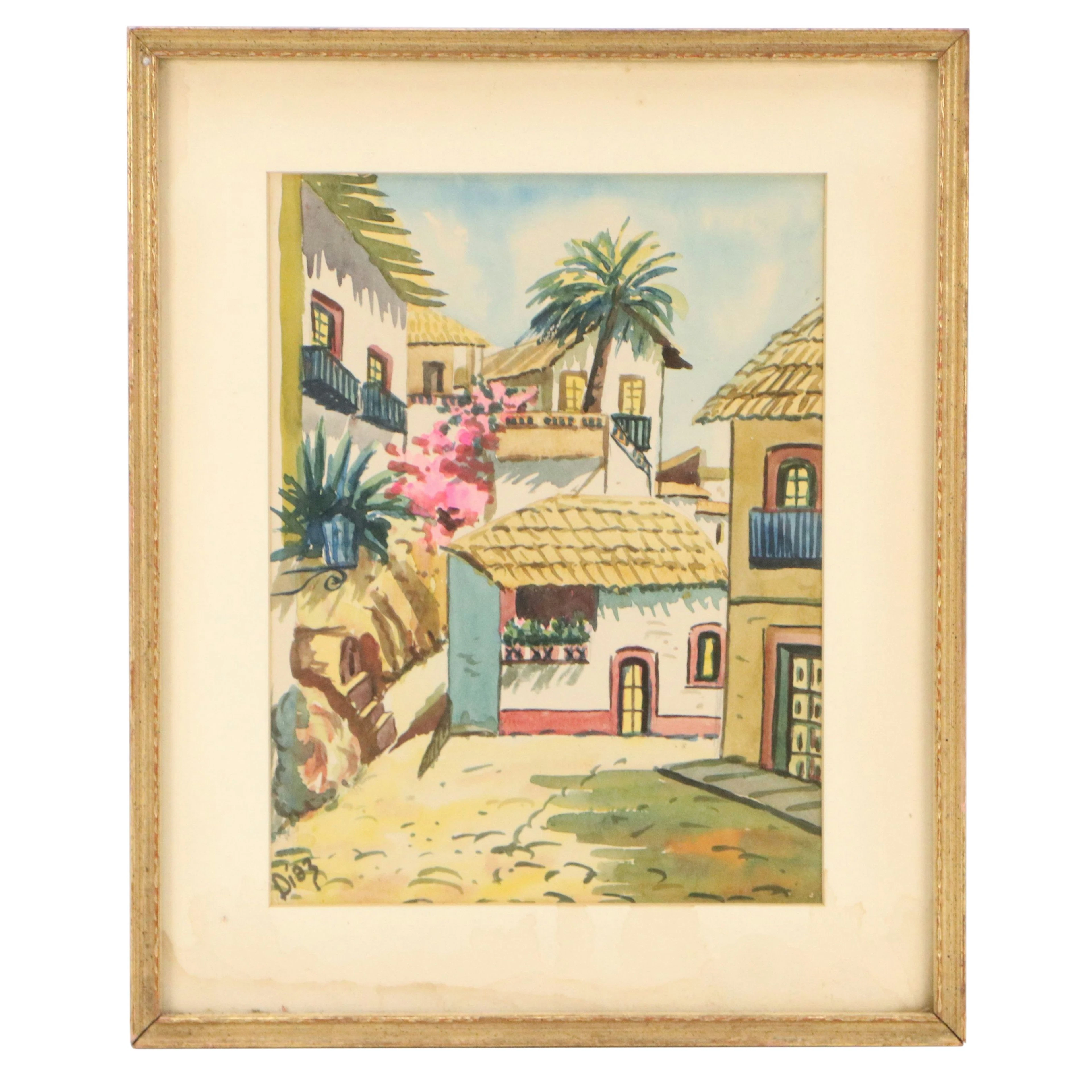 Mexican Village Street Scene Watercolor Painting, 20th Century