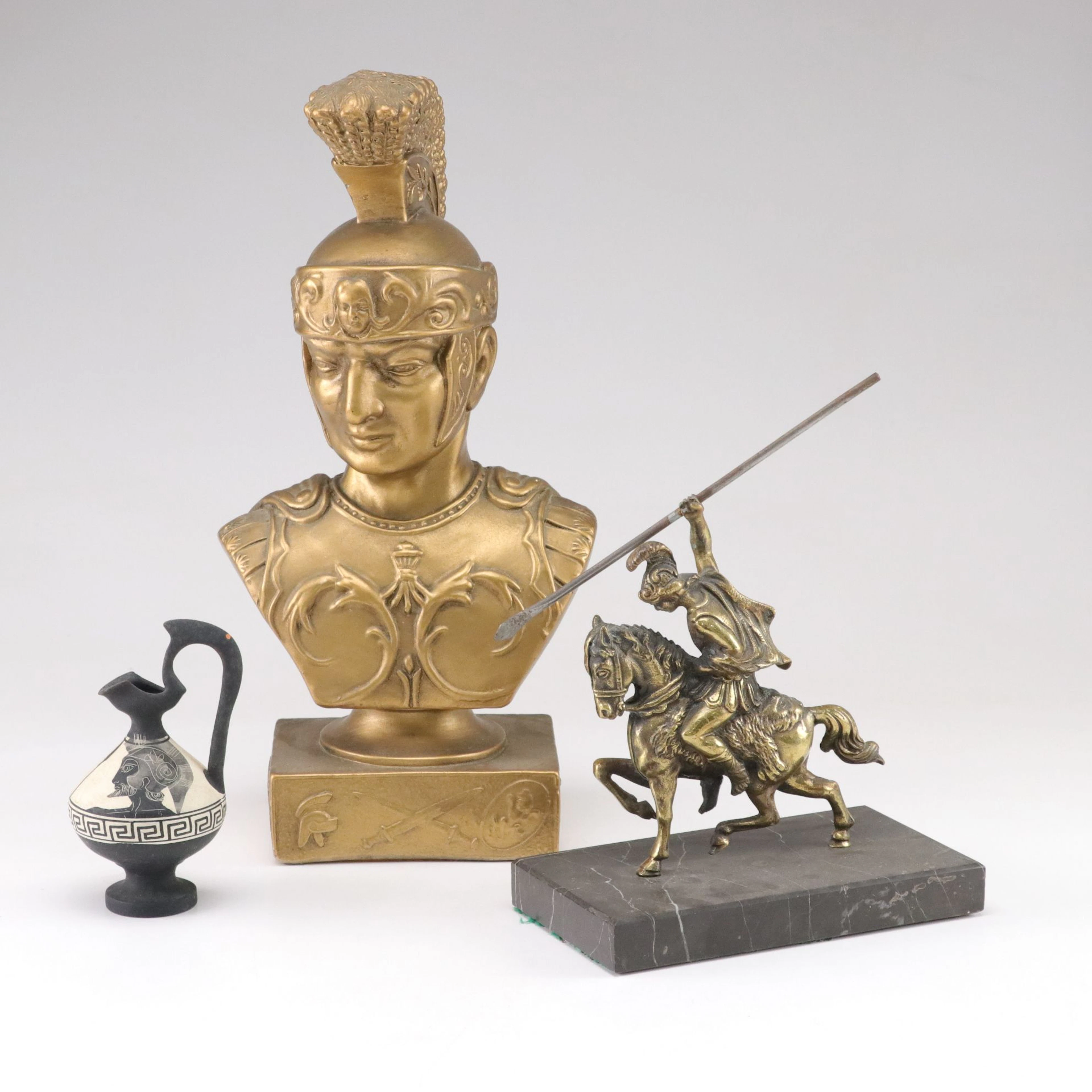 Roman Style Gladiator Bust with Figurine and Greek Style Ewer