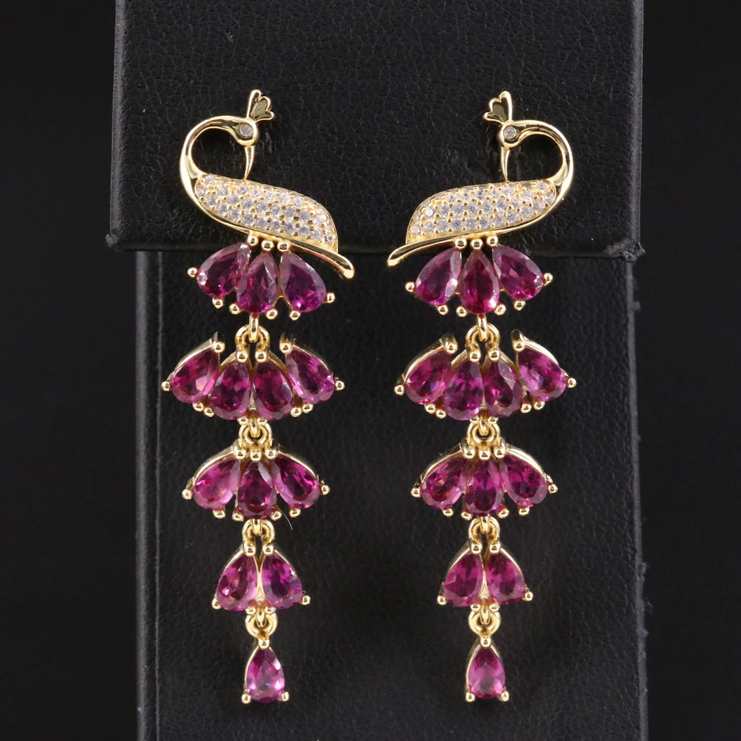 Sterling Garnet and CZ Peacock Earrings
