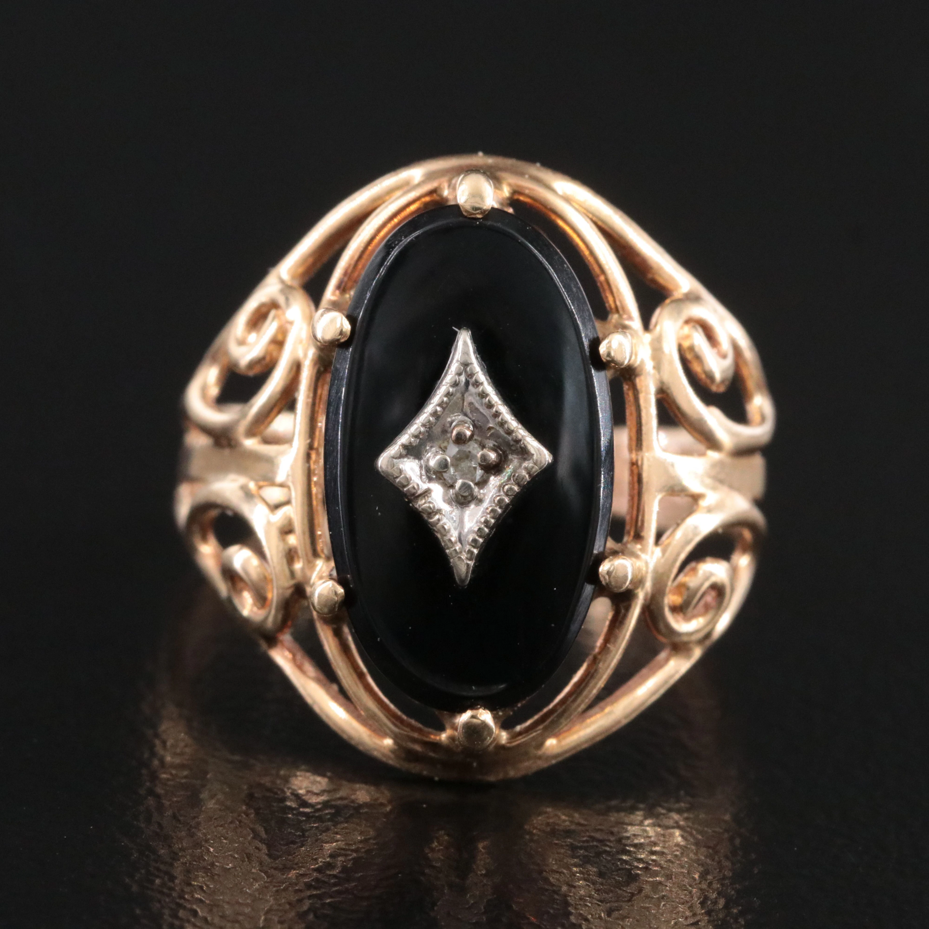 14K Black Onyx and Diamond Ring with a Scrolled Setting