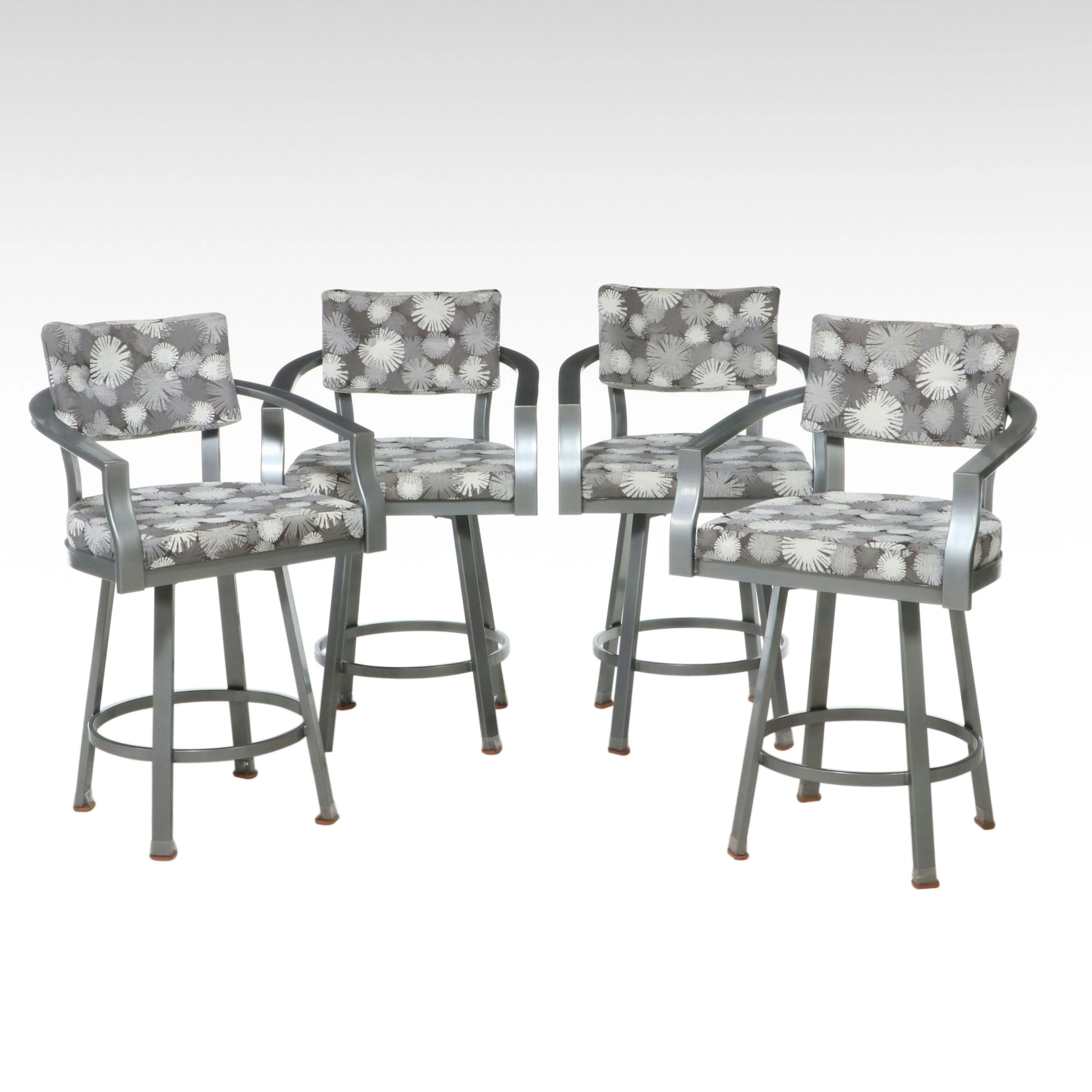 Outdoor Metal Swivel Bar Stools with Abstract Floral Cushions, 21st Century