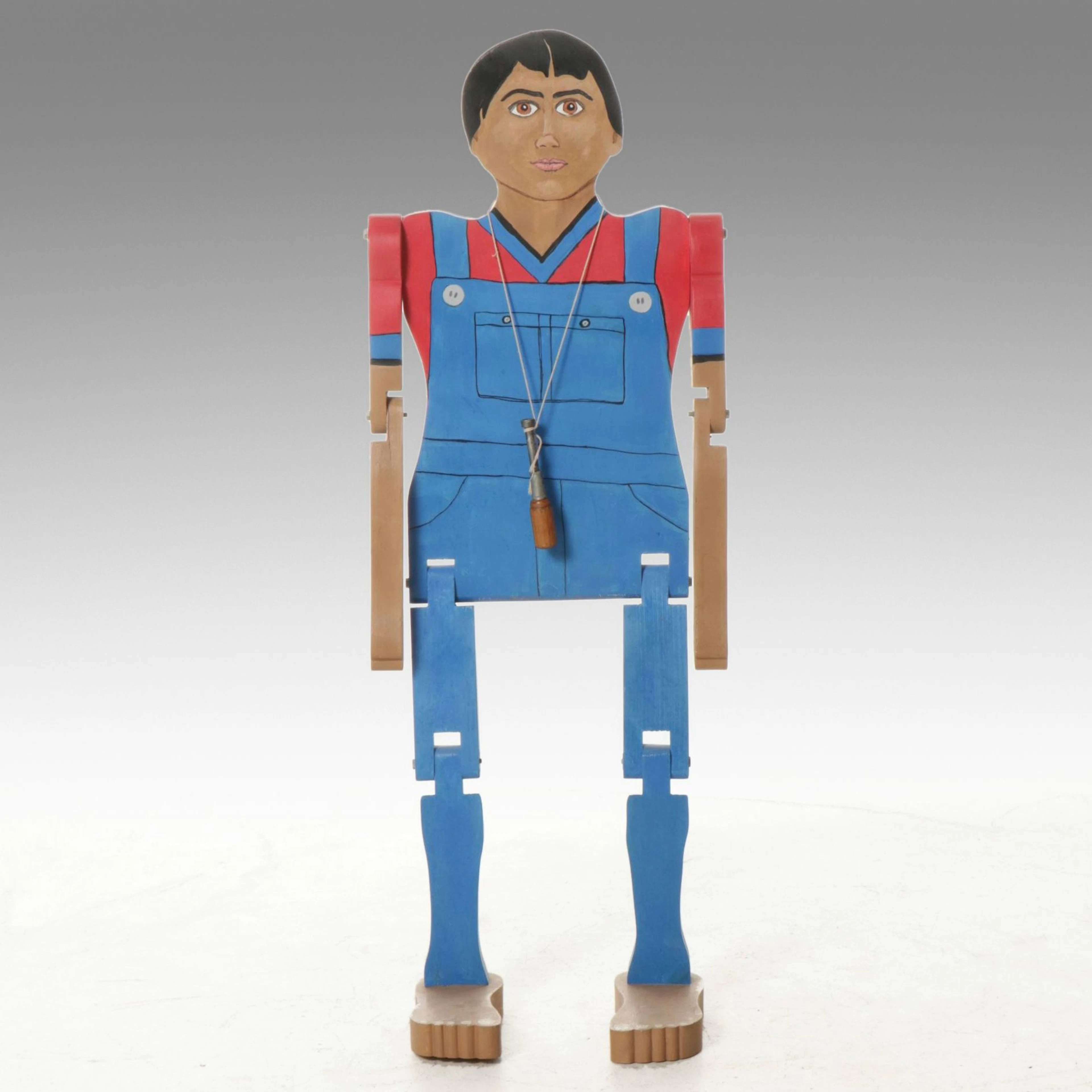 Folk Art Carved and Articulated Wood Lumberjack-Form Games Table