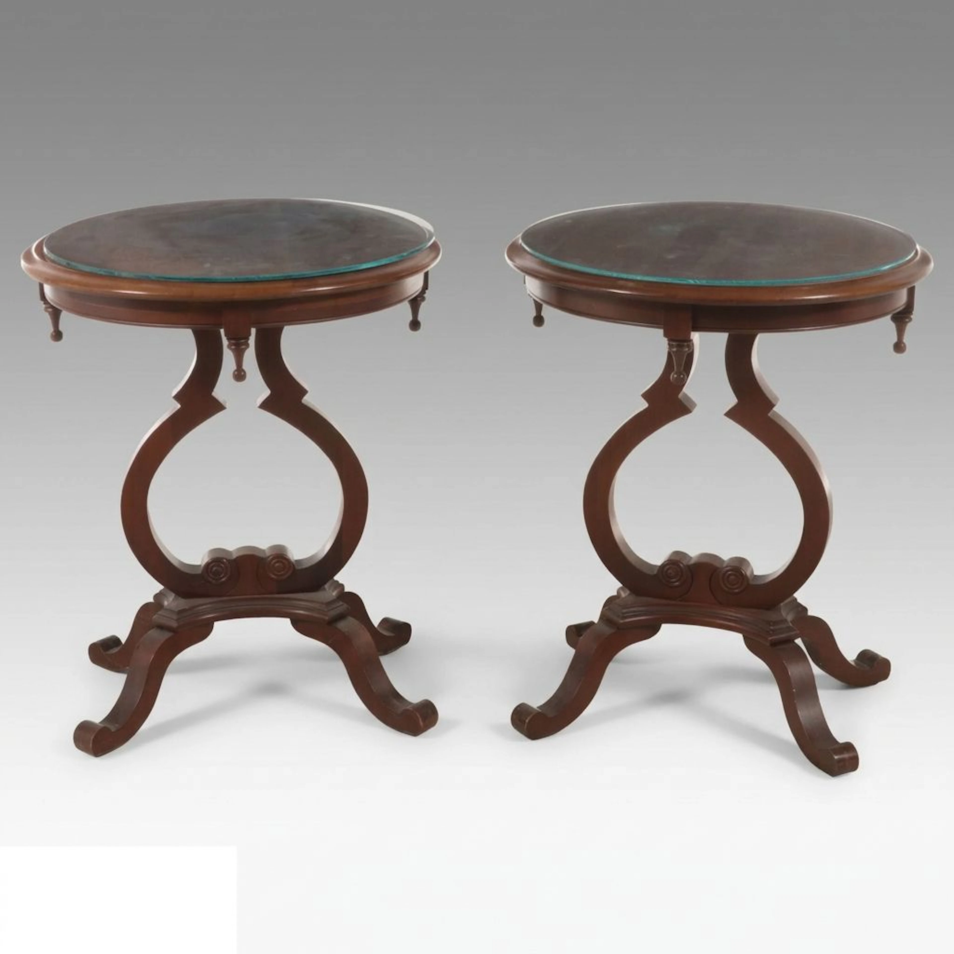 Pair of Empire Style Cherrywood SideTables with Glass Tops, 20th Century