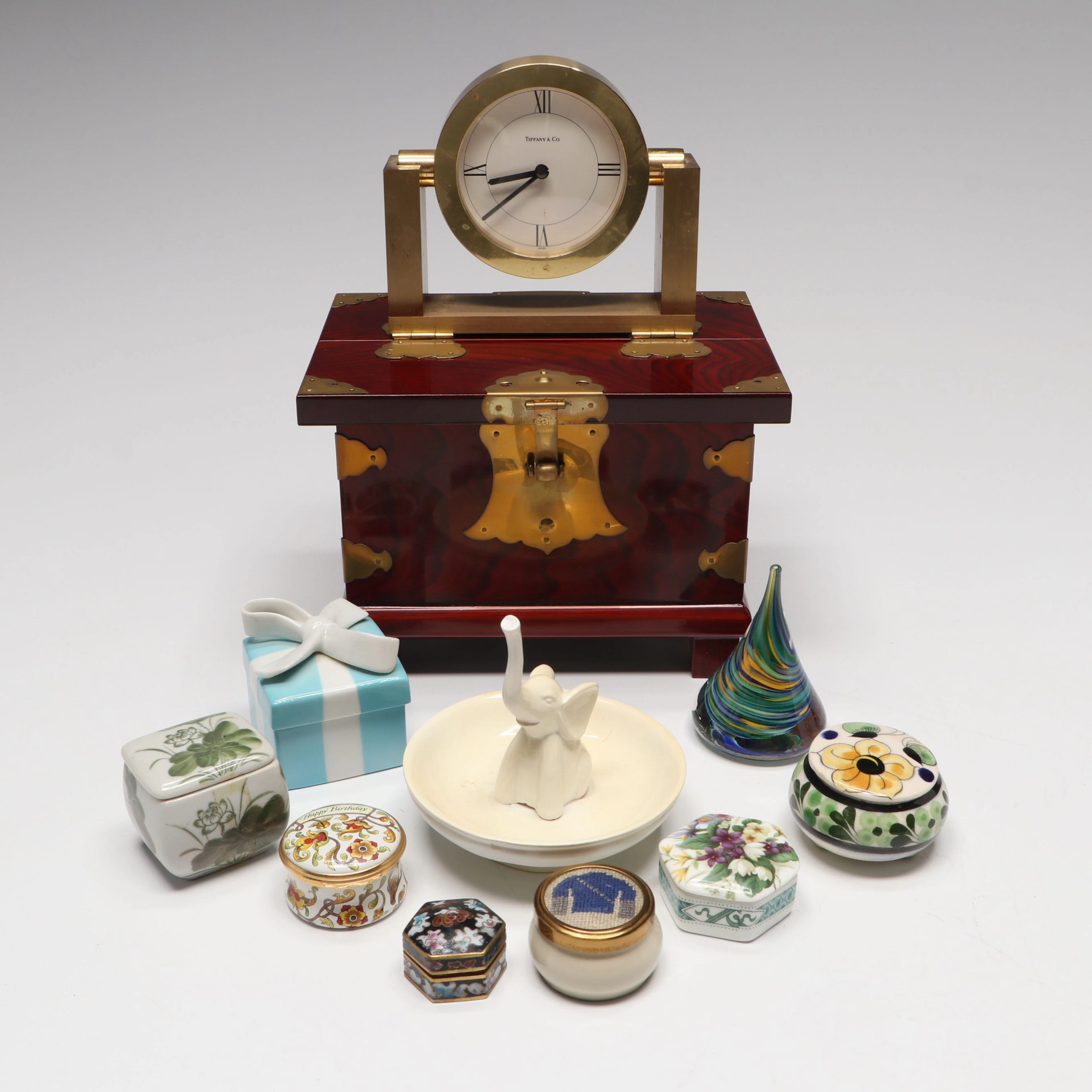 Tiffany & Co. Solid Brass Desk Clock with Vanity Boxes, and Other Decor