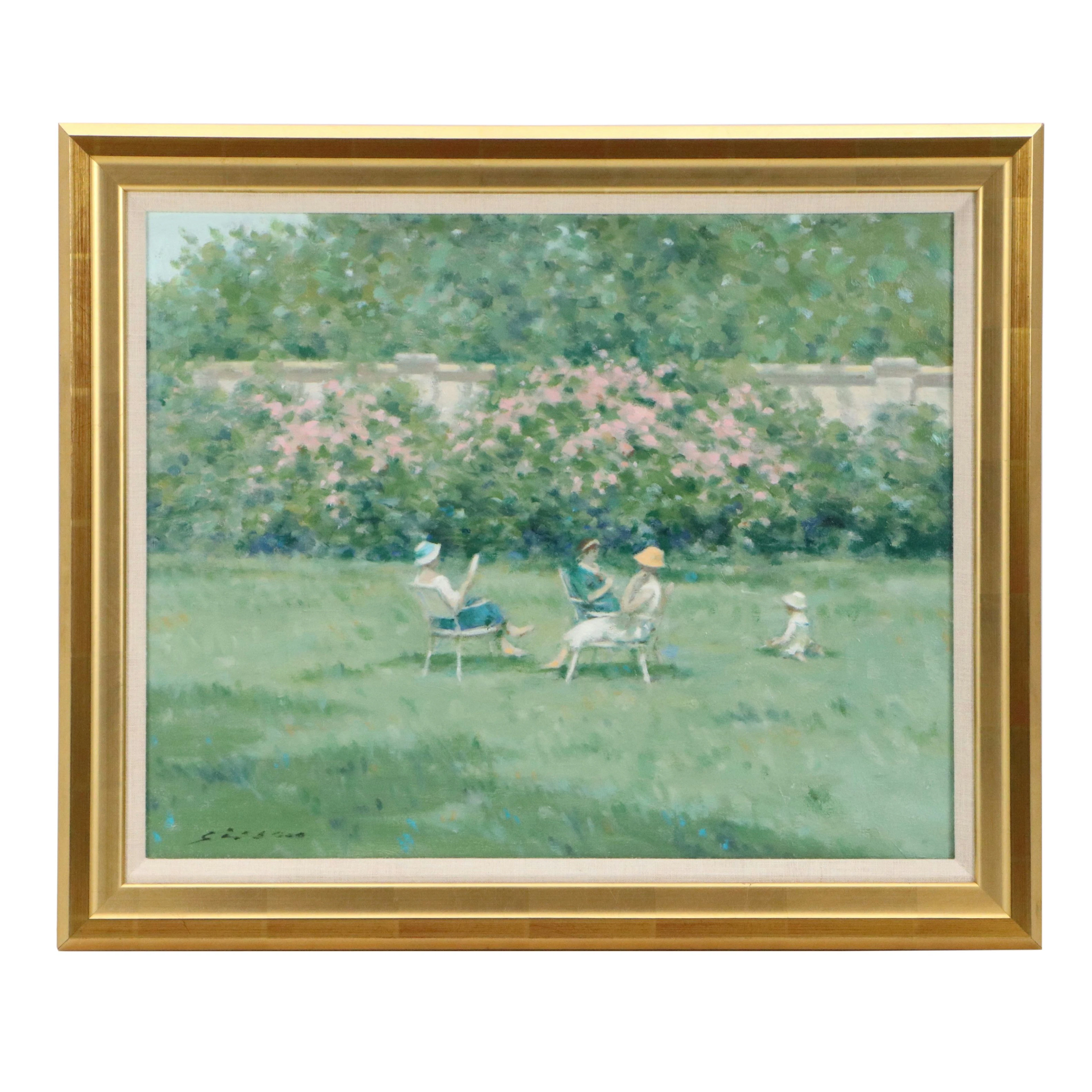 André Gisson Oil Painting "Flowering Hedges," Late 20th Century