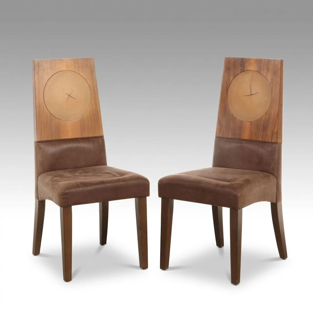 Pair of Contemporary Inlaid Wood and Faux Leather Upholstered Dining Chairs