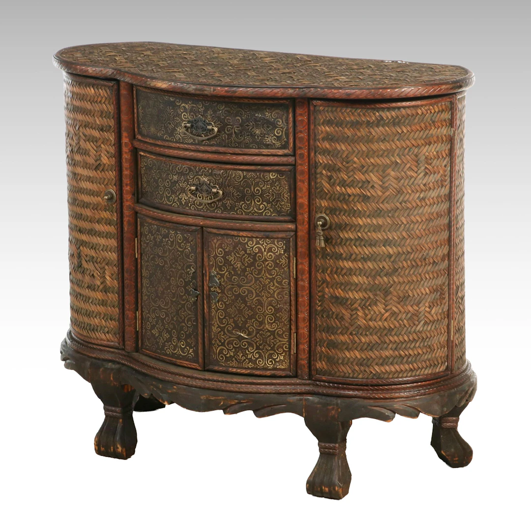 British Colonial Style Wicker Rattan and Wood Bar Cabinet