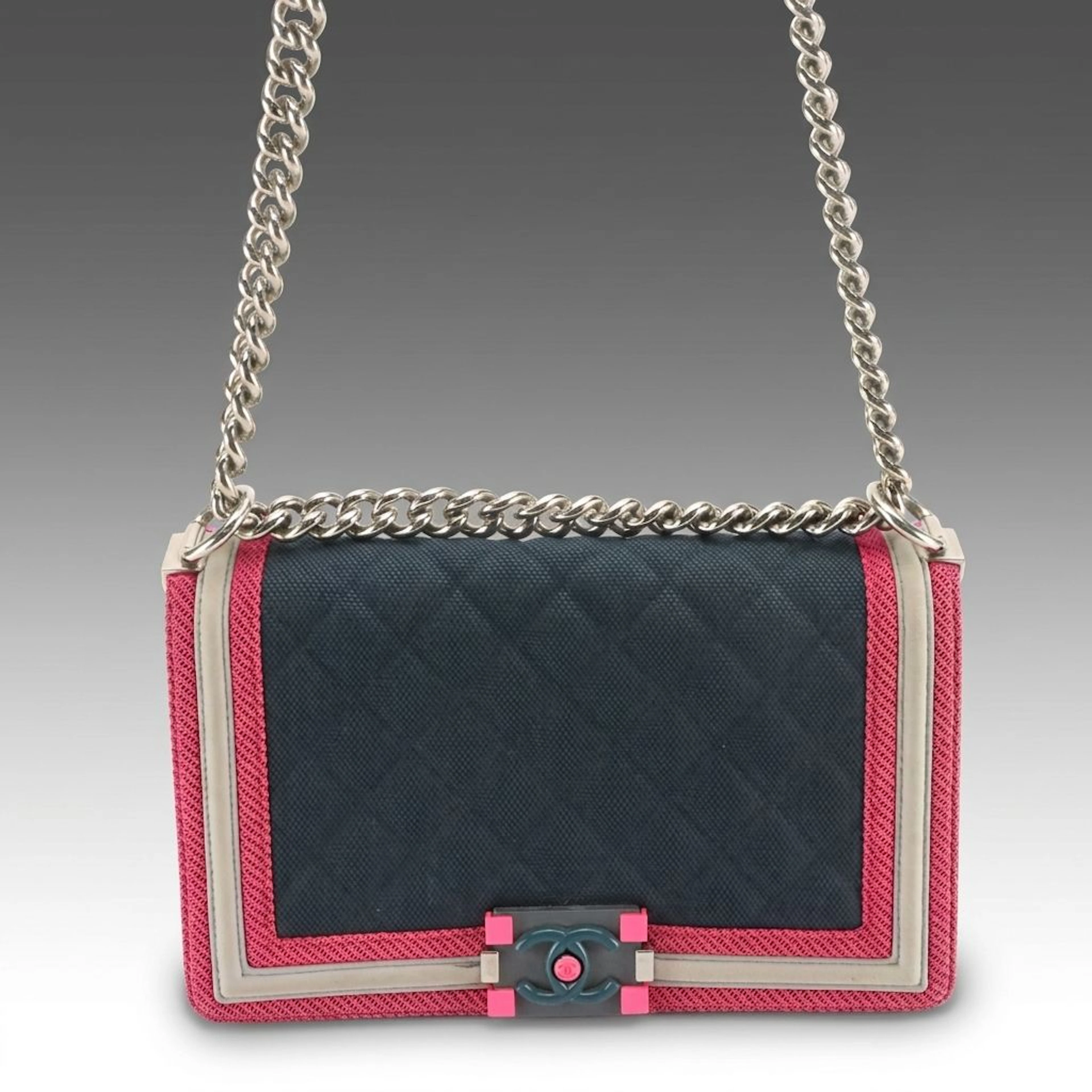 Chanel Quilted Canvas Medium Fluo Boy Lock Flap Bag in Navy, Fuchsia, & Grey