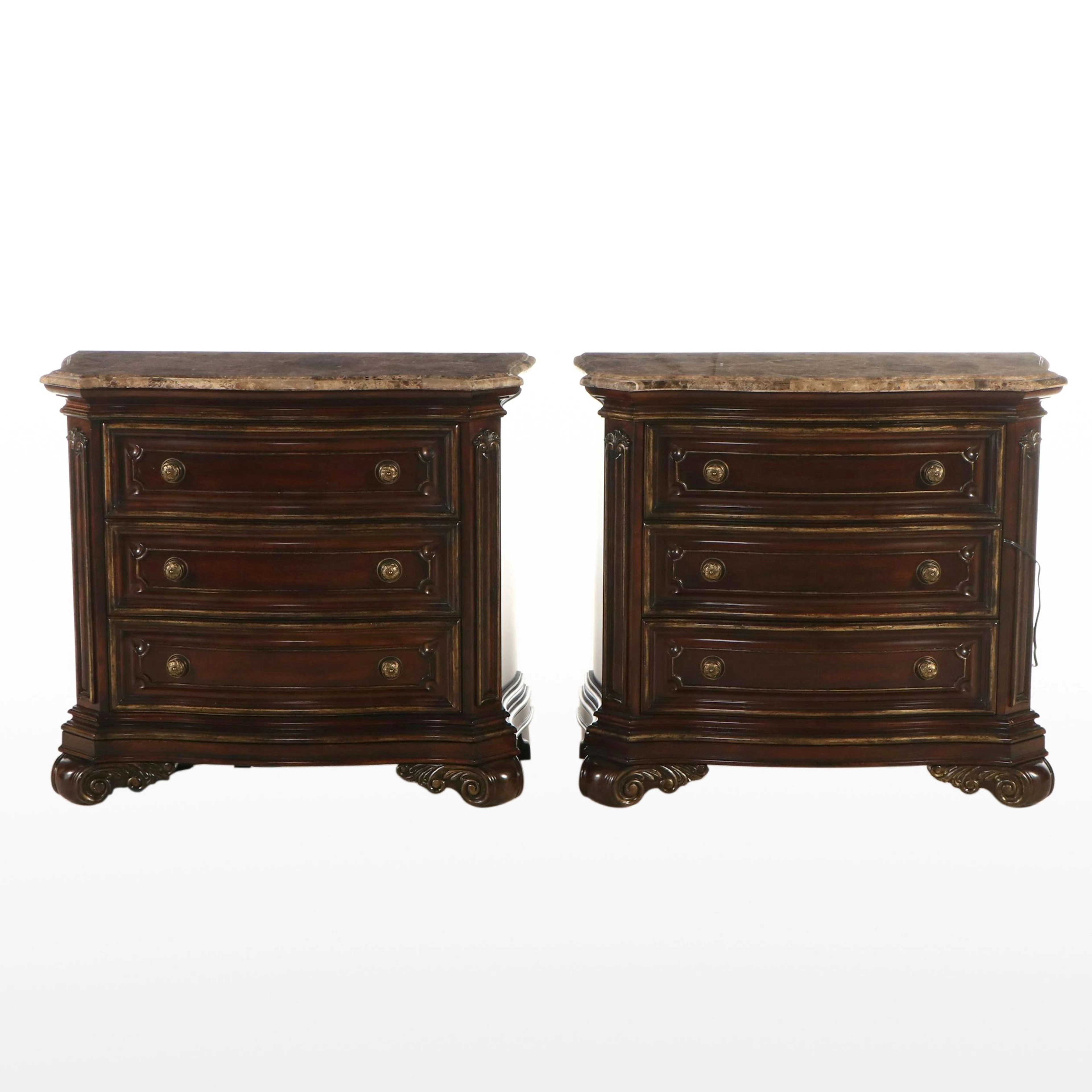 Pair of A.R.T. Furniture Baroque Style Marble and Wood Commodes