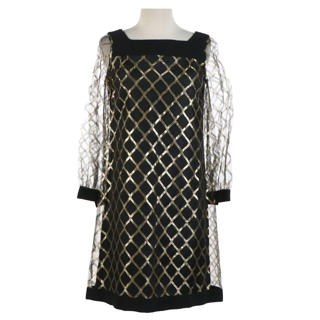Joseph Magnin Vintage Square-Neck Mini Dress in Metallic Thread Mesh Netting