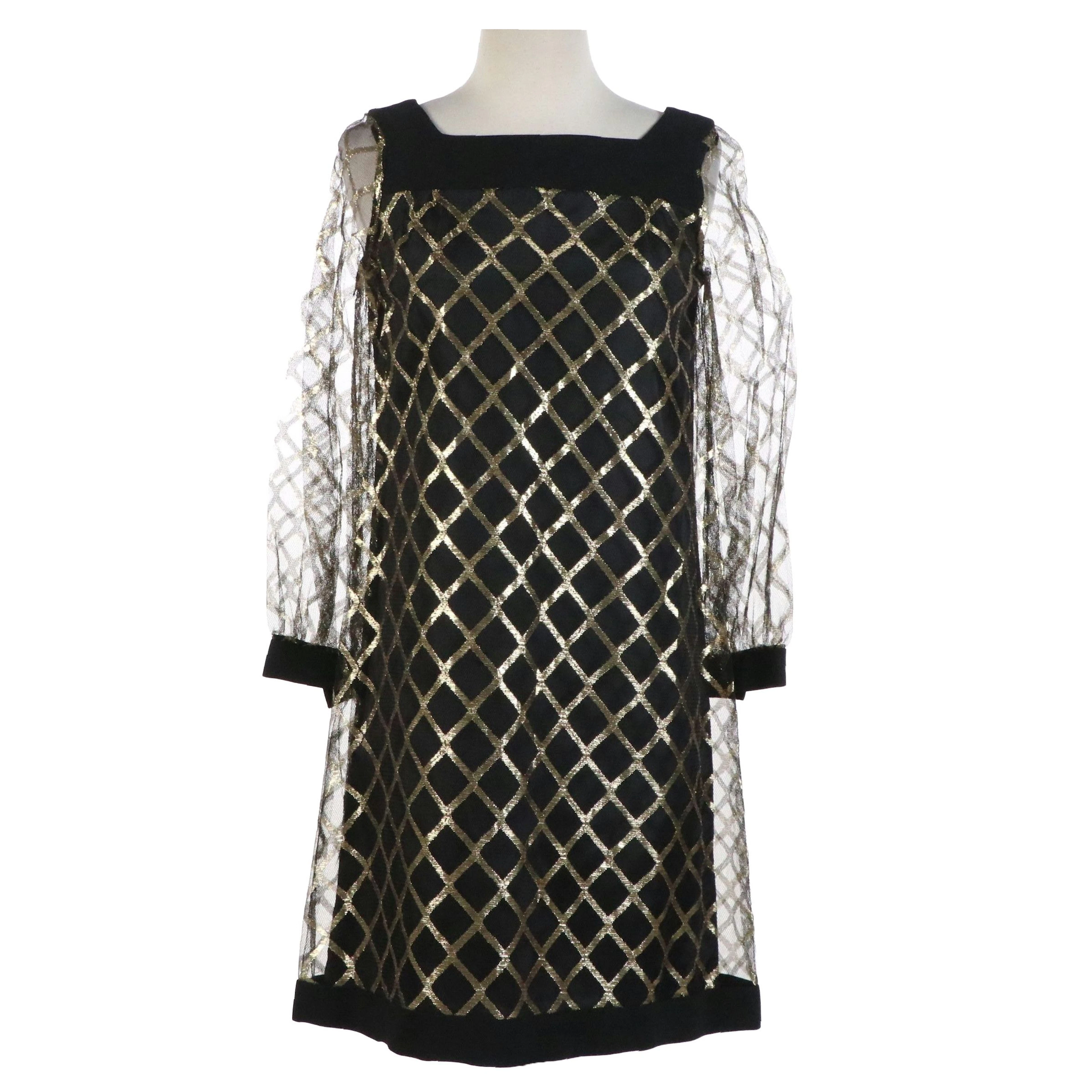 Joseph Magnin Vintage Square-Neck Mini Dress in Metallic Thread Mesh Netting