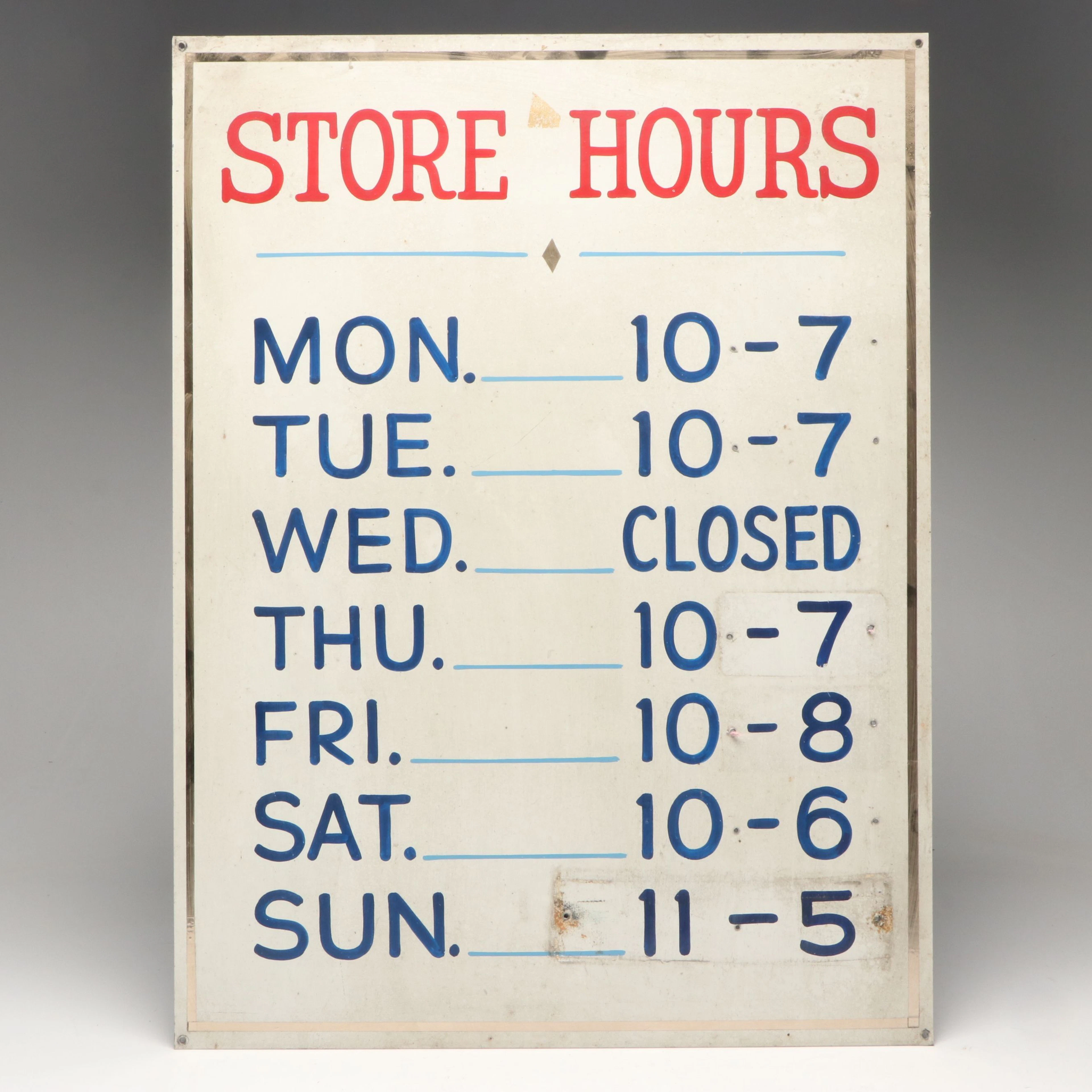 Store Hours Hand-Painted Metal Sign, Mid-20th Century