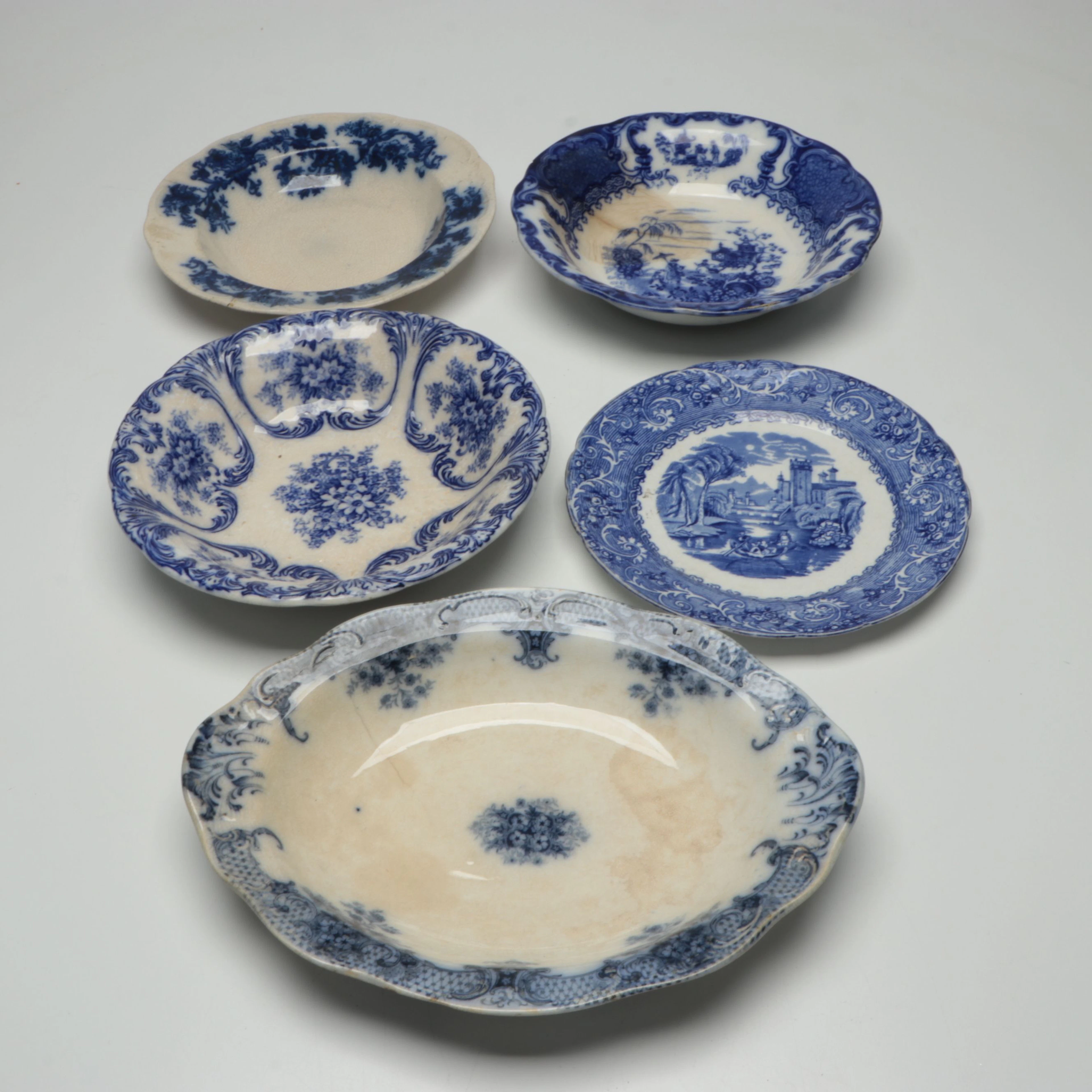 Wood & Son "Keswick" with Other Flow Blue Bowls and Plate