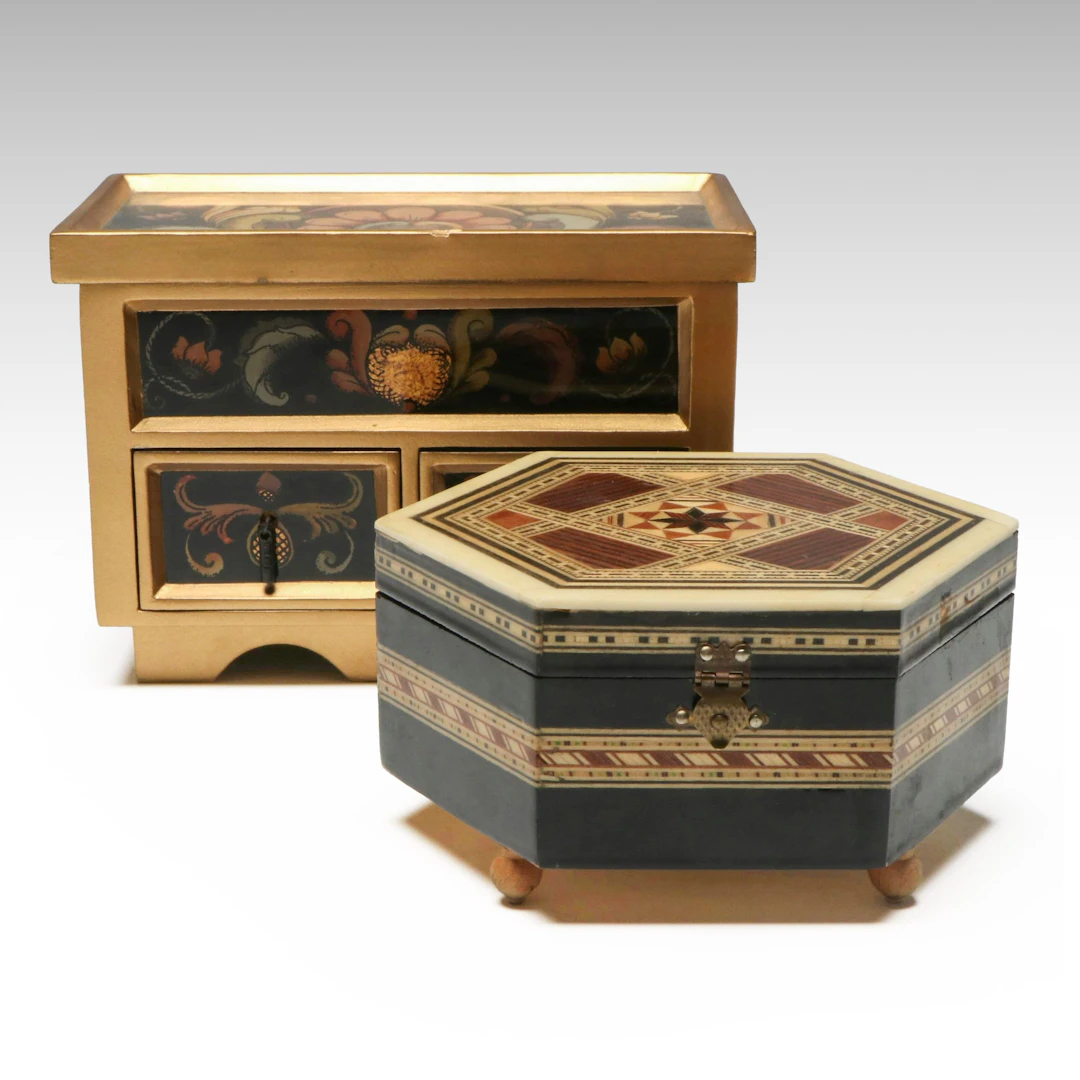 Spanish Wood and Bone Inlay with Other Hand-Painted Jewelry Box