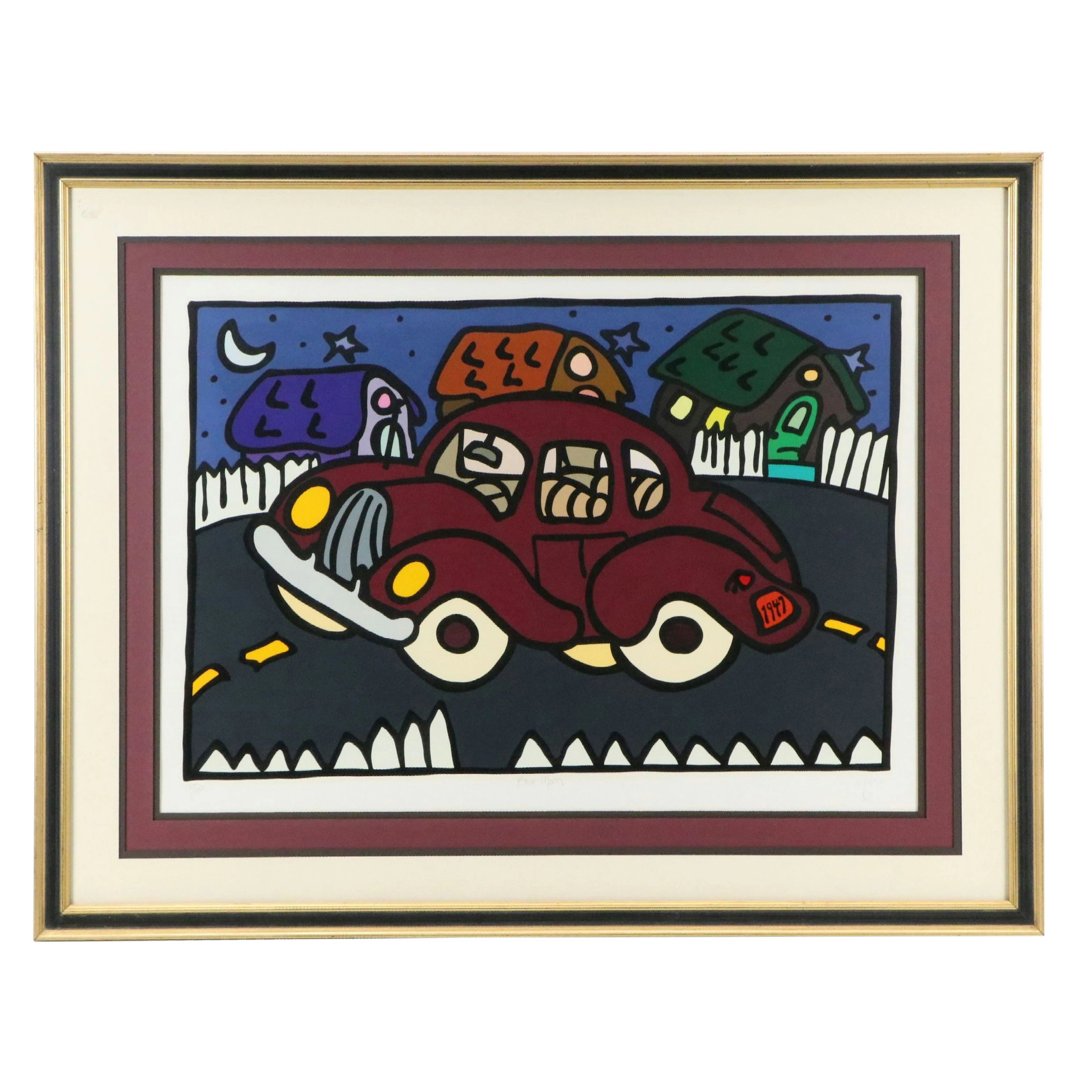 Folk Art Serigraph of Car "Blue Moon"