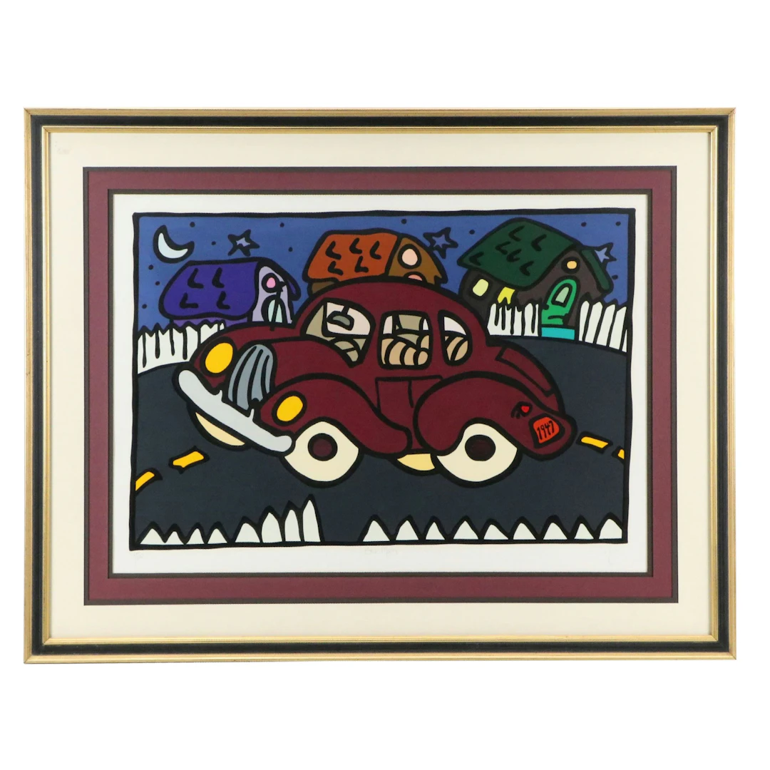 Folk Art Serigraph of Car "Blue Moon"