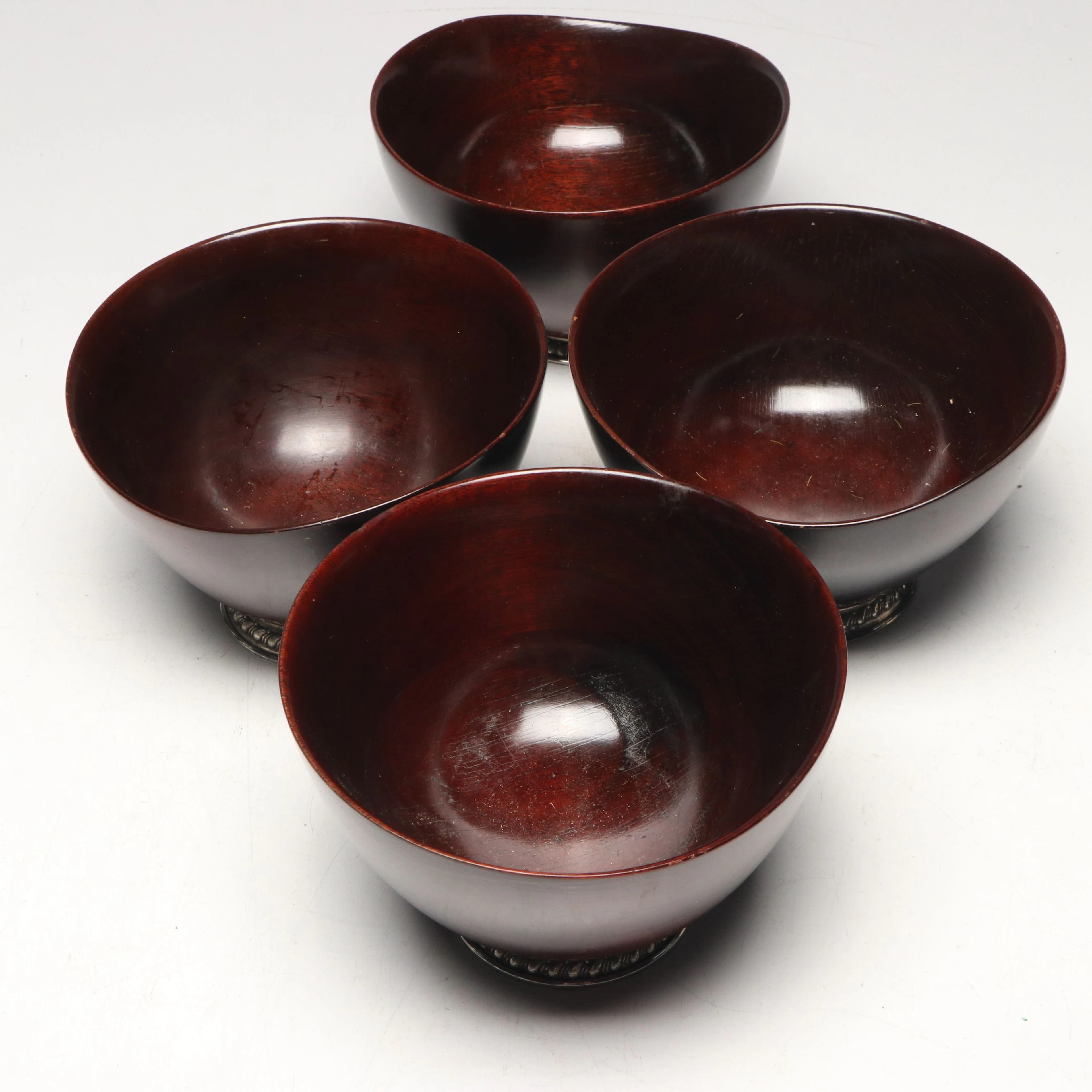 Hand-Turned Mahogany Bowls with Sterling Silver Bases, Vintage