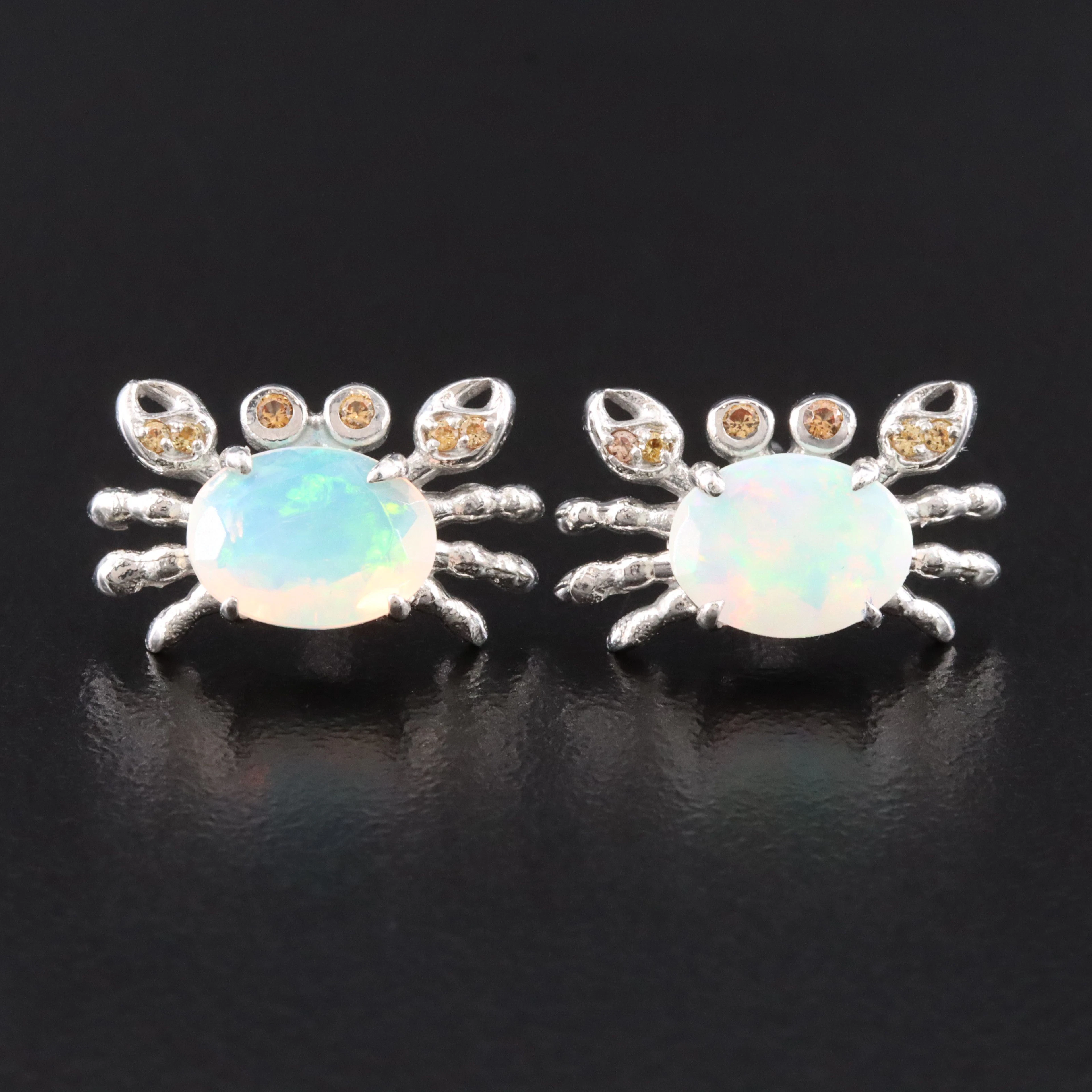 Sterling Opal and Yellow Sapphire Crab Earrings