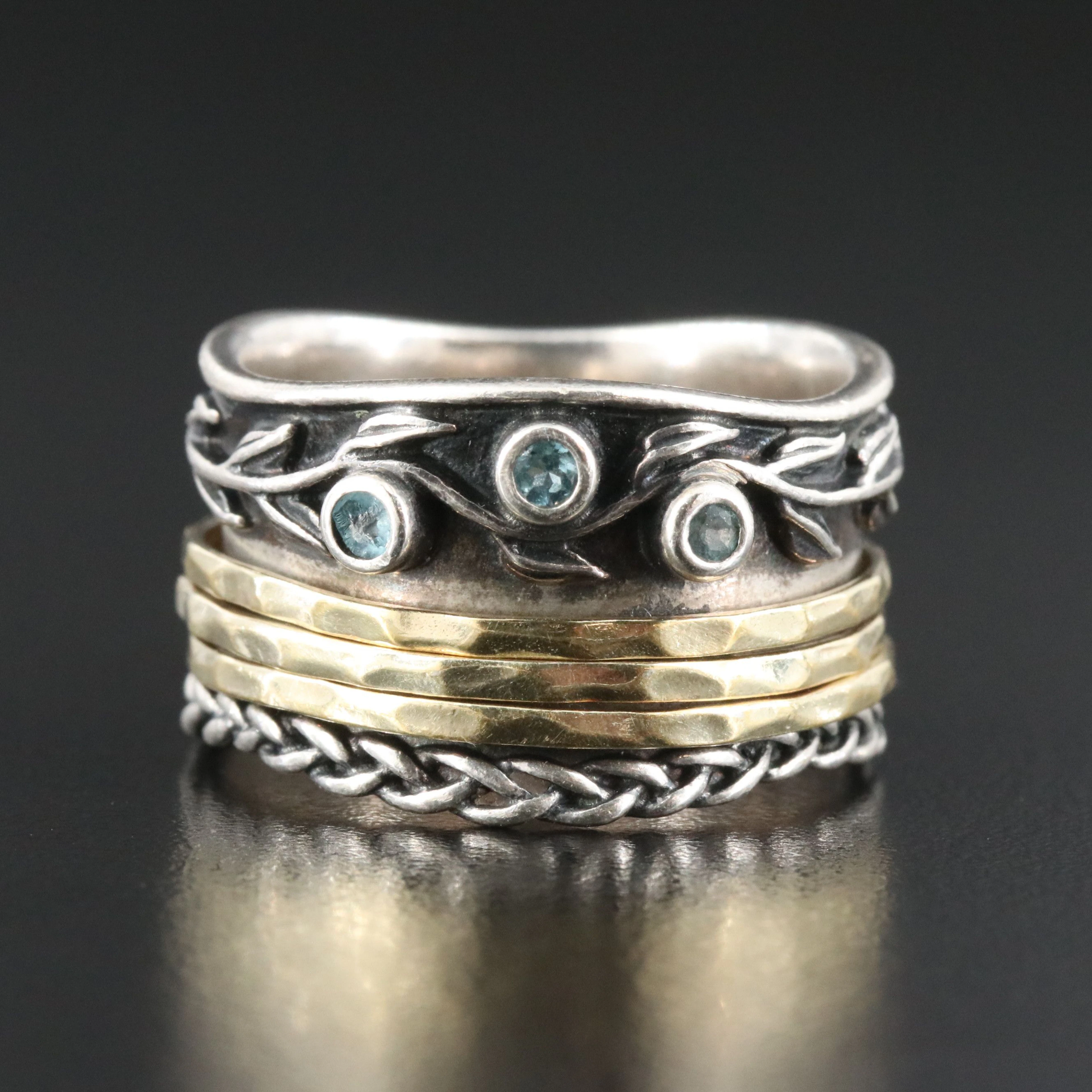 Sterling Two-Tone Blue Topaz Spinner Ring