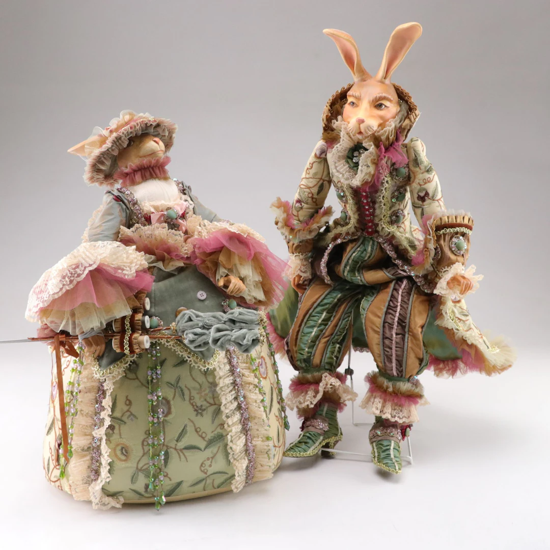 Two Wayne Kleski Victorian Style Rabbit Figures