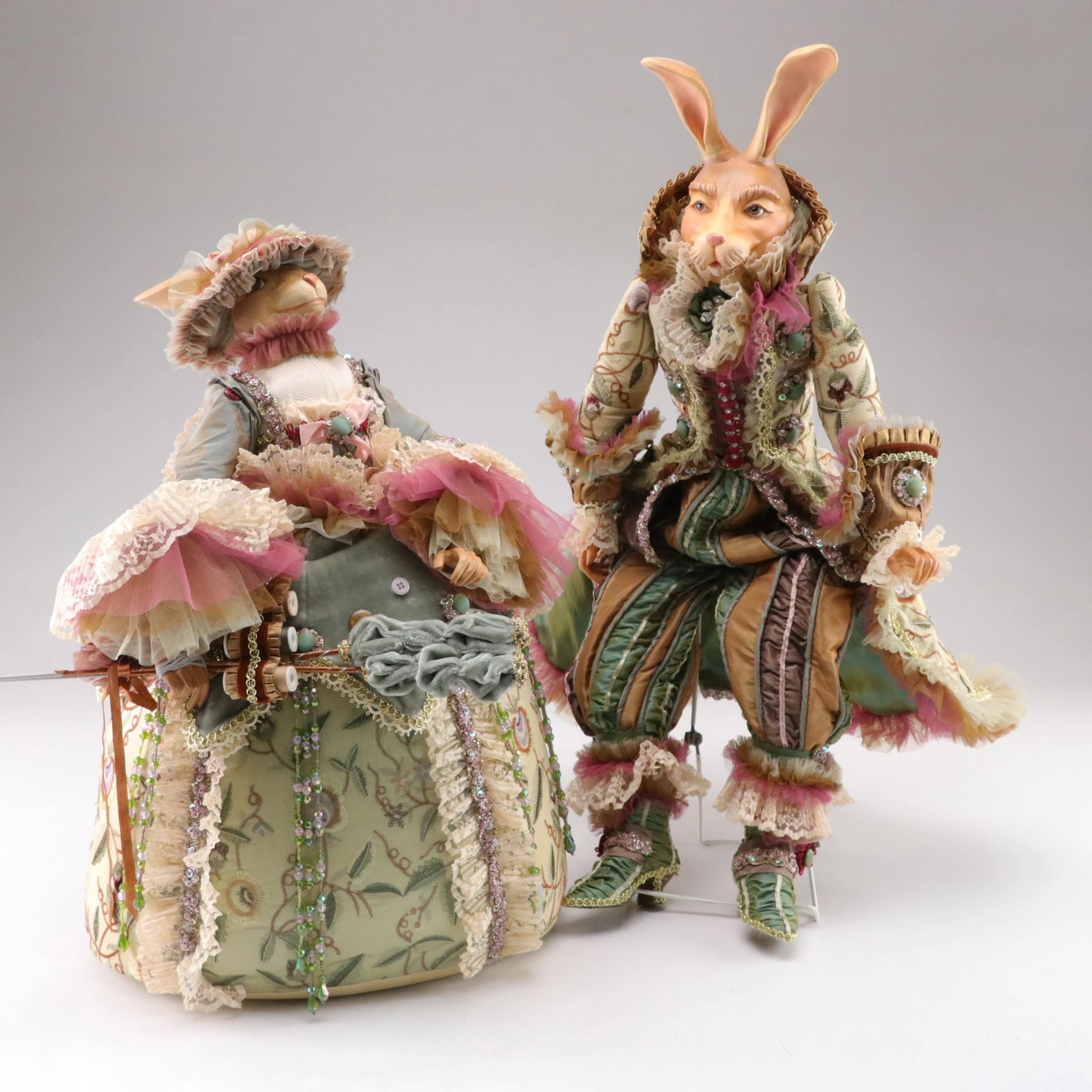 Two Wayne Kleski Victorian Style Rabbit Figures