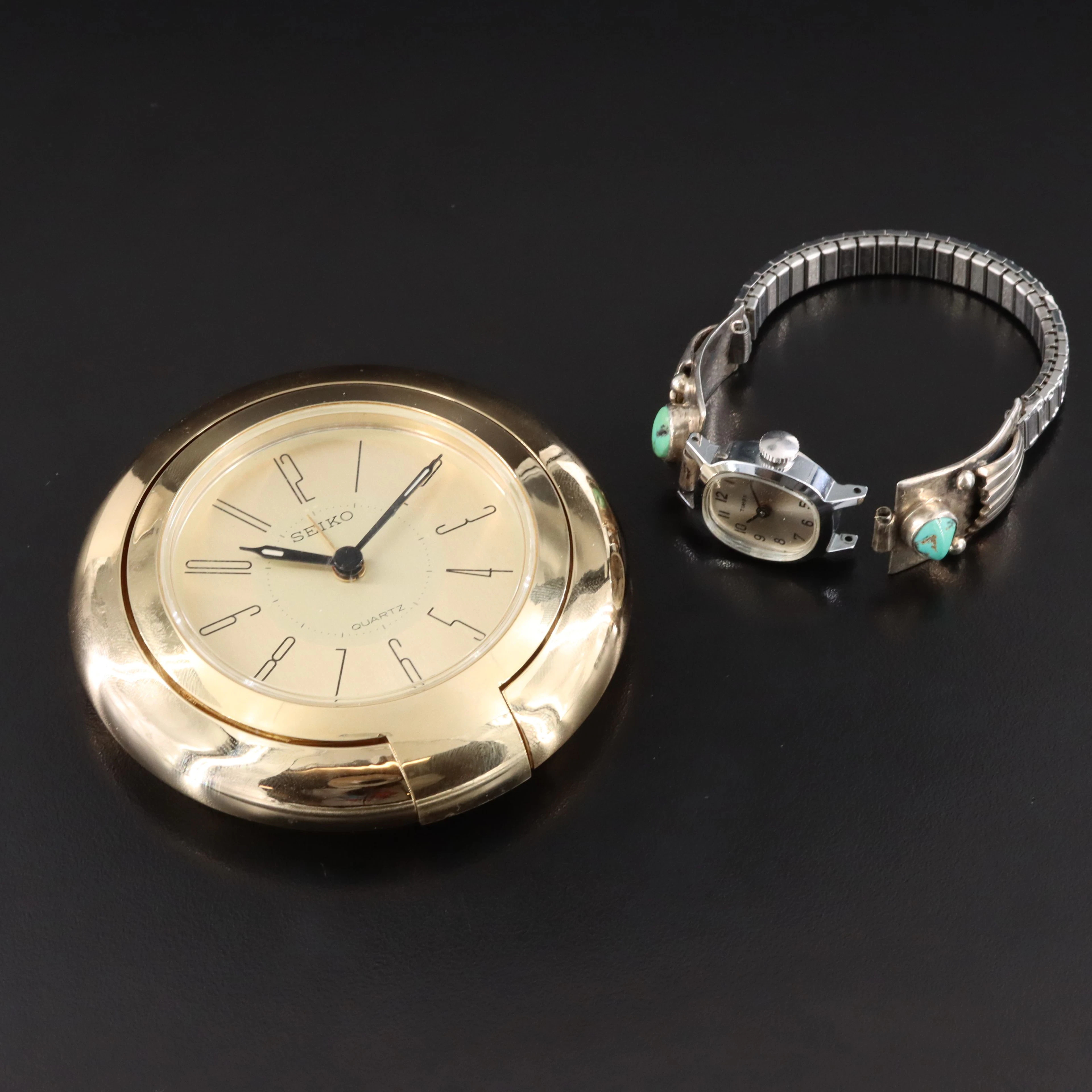 Seiko Quartz Travel Alarm Clock and Southwest Style Timex Watch