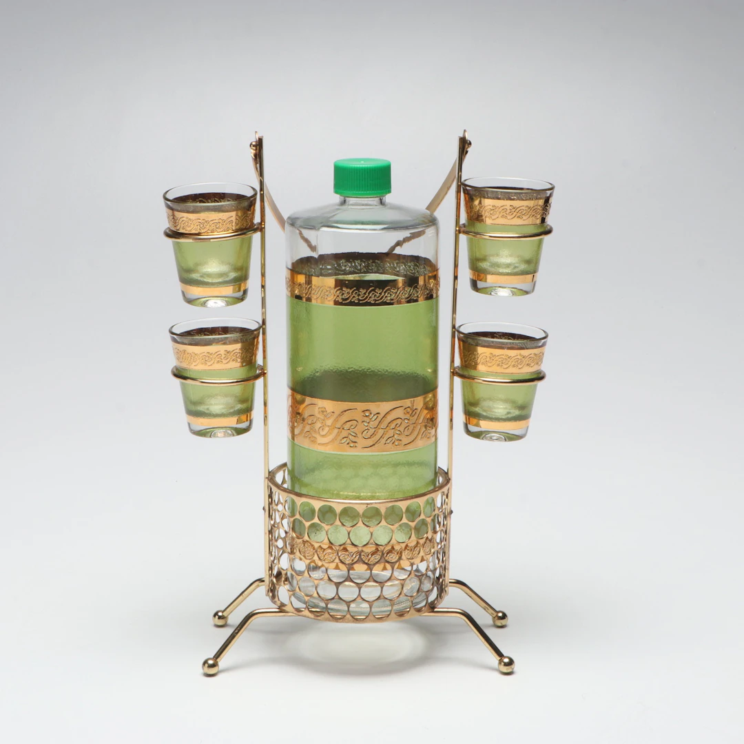 Culver Mid Century Modern Gold Gilt Banded Green Glass Bar Set