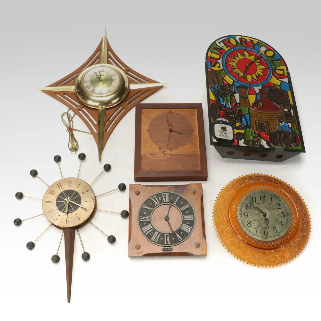 Mid Century Modern Wall Clocks with Amber Glass and More Vintage Clocks