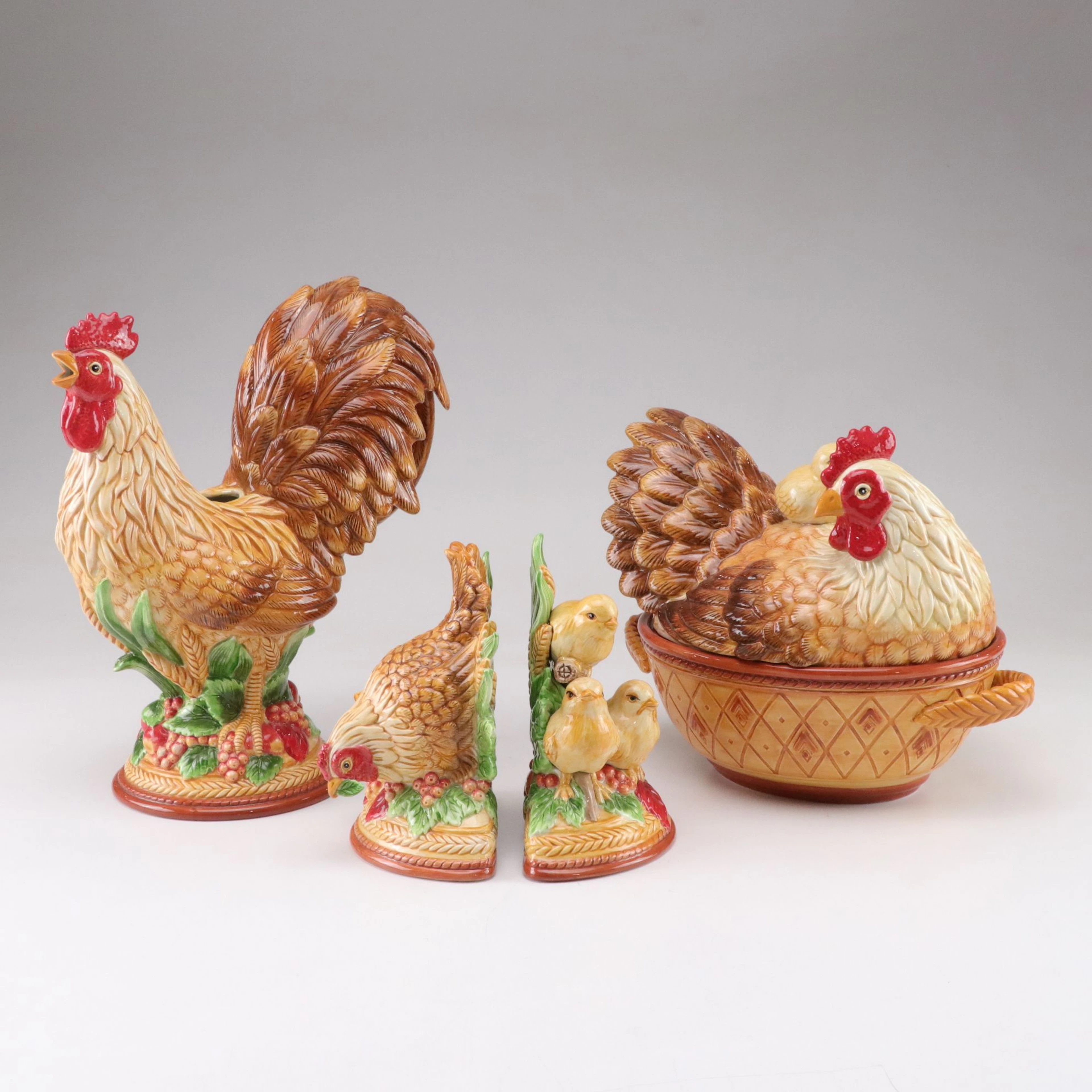 Fitz & Floyd Gallo De Oro (Golden Rooster) Vase, Bookends, and Lidded Tureen
