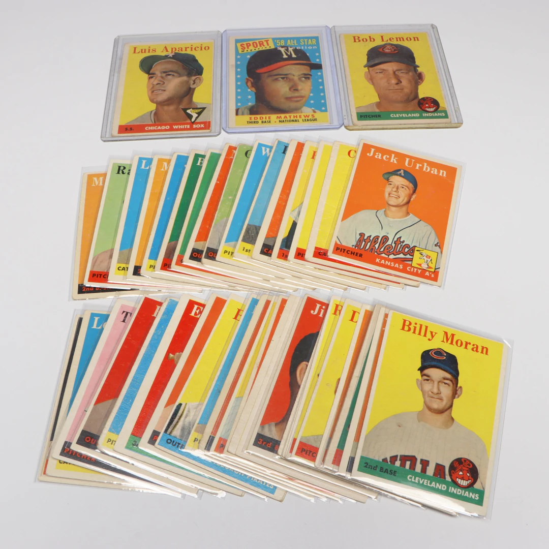 1958 Topps Baseball Cards with Eddie Mathews, Bob Lemon, and Luis Aparicio
