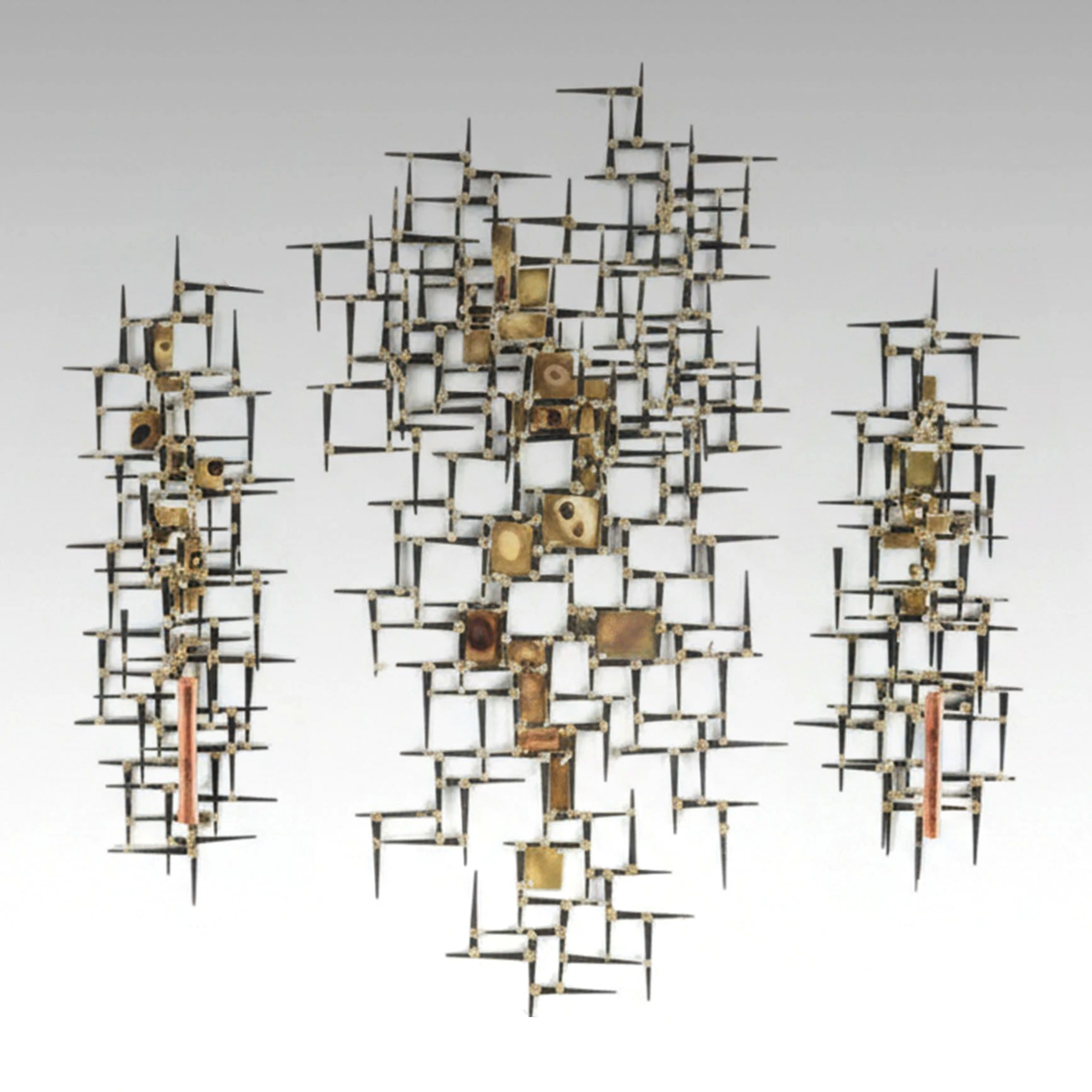 Mid Century Modern Brutalist Metal Wall Sculpture and Sconces, 20th Century