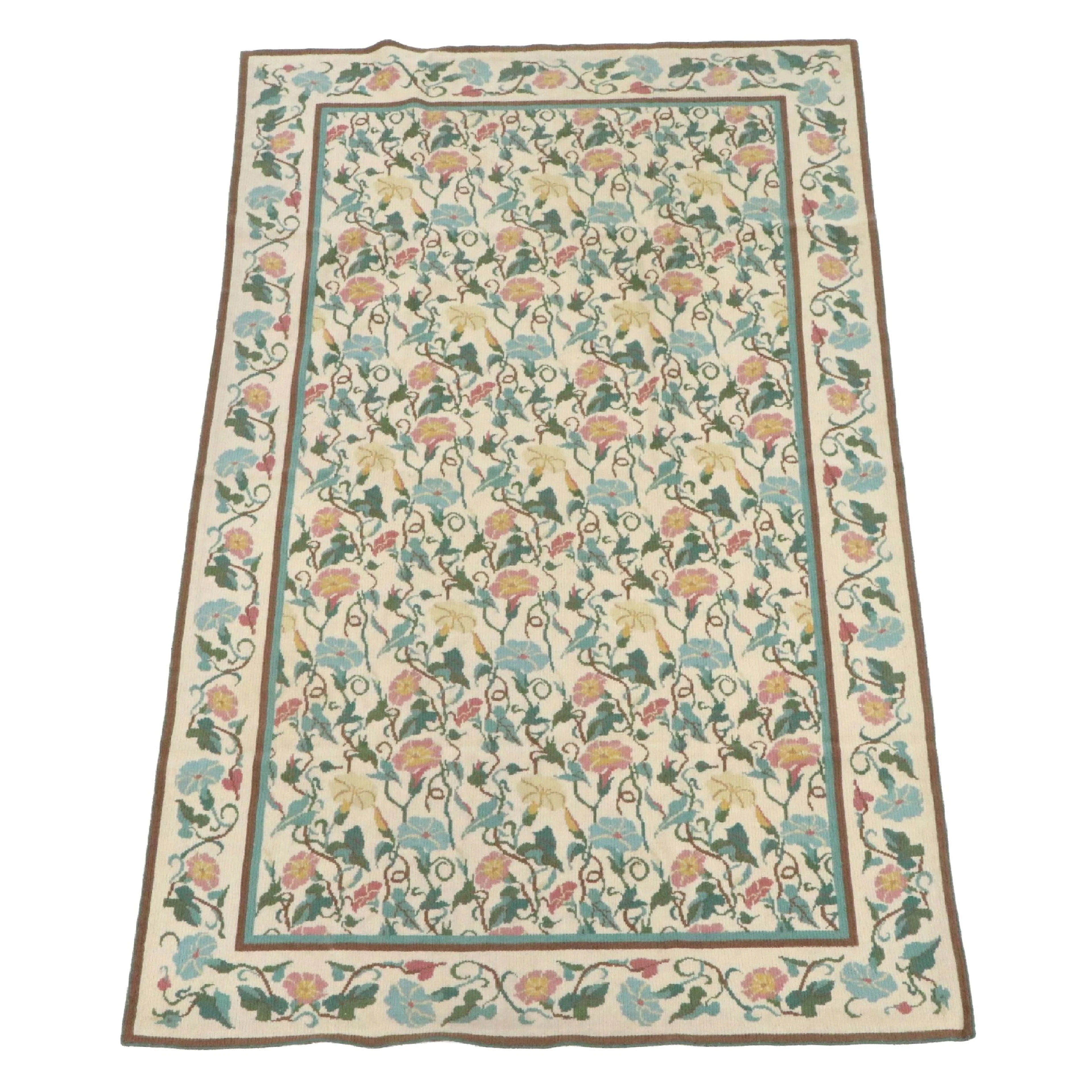4'4 x 7'5 Handmade Floral Portuguese Needlepoint Area Rug