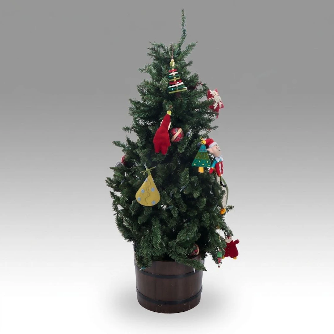 Illuminated Artificial Christmas Tree with Fabric and Glass Ornaments