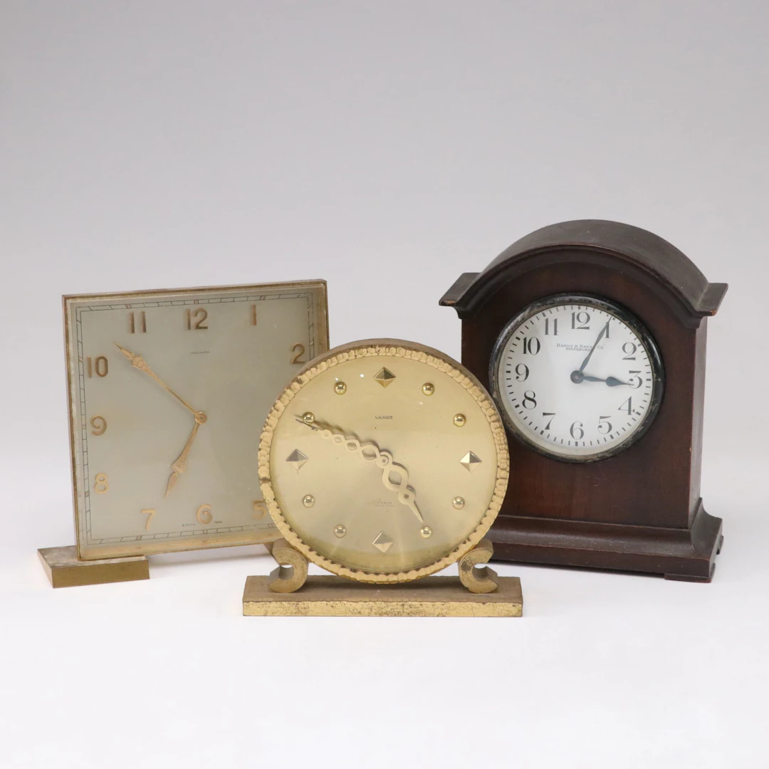 Eight Day Brass Luxor with Hardy & Hays Brass & Wooden Desk Clocks