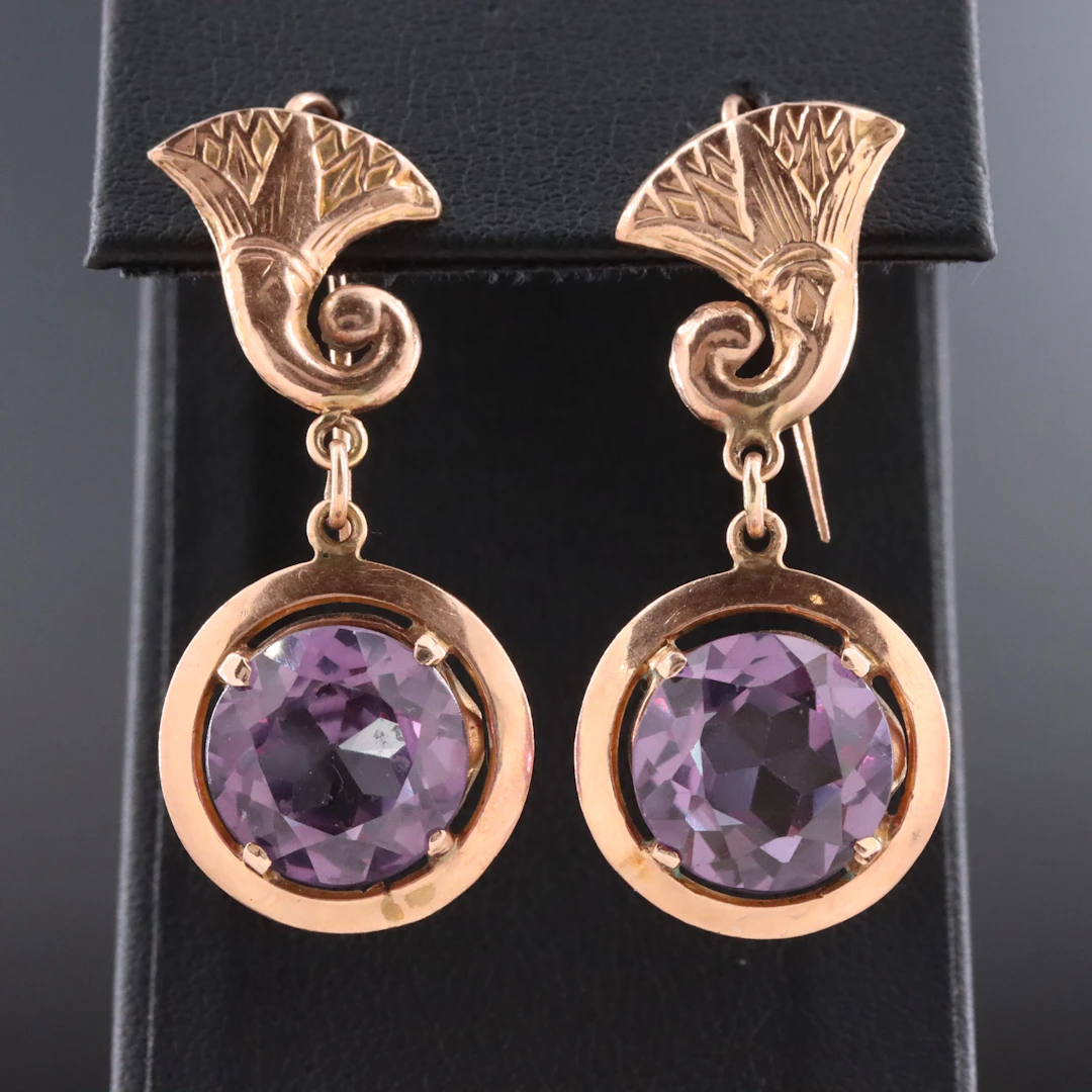 Egyptian 12K Rose Gold Color Change Sapphire Lotus Flower Drop Earrings