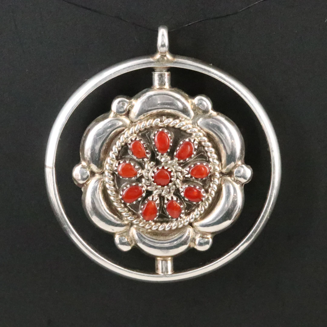 Fred & Elsie Lonconsello Zuni Sterling Turquoise and Coral Spinner Pendant