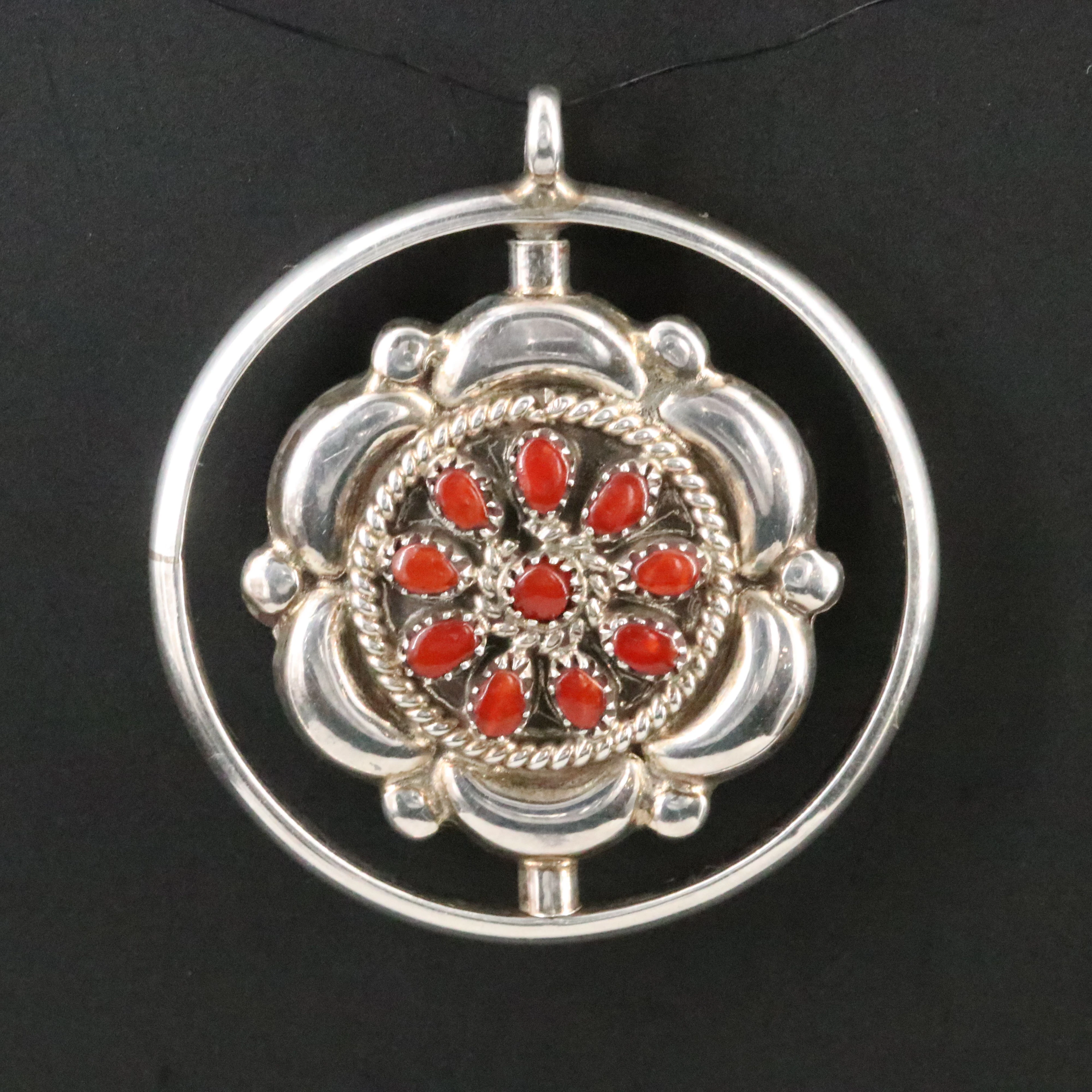 Fred & Elsie Lonconsello Zuni Sterling Turquoise and Coral Spinner Pendant