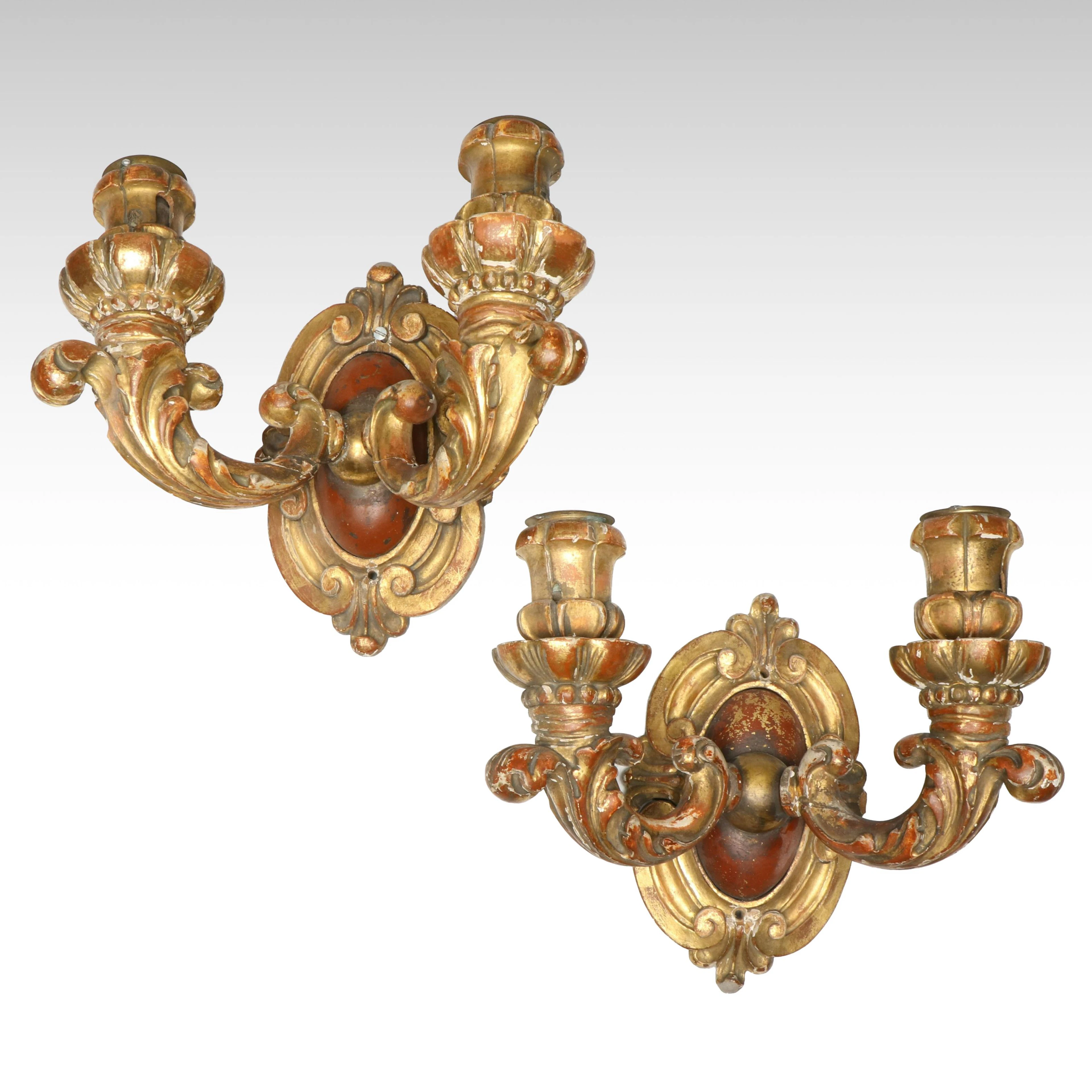 Gothic Style Style Oxblood and Parcel Gilt Dual Arm Wall Candle Sconce Pair