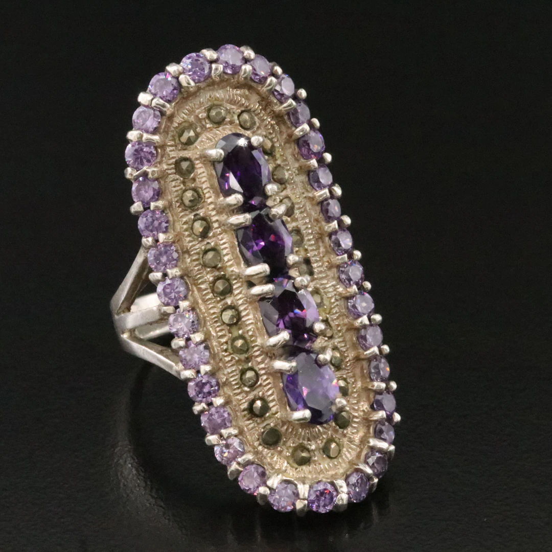 Sterling Elongated CZ and Marcasite Halo Ring