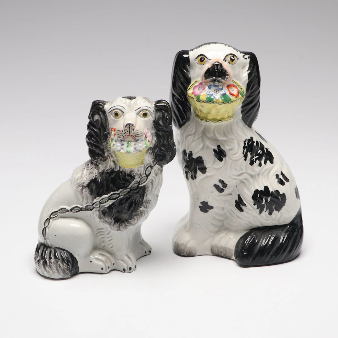 Staffordshire English Flower Basket Spaniel Dogs, 19th Century