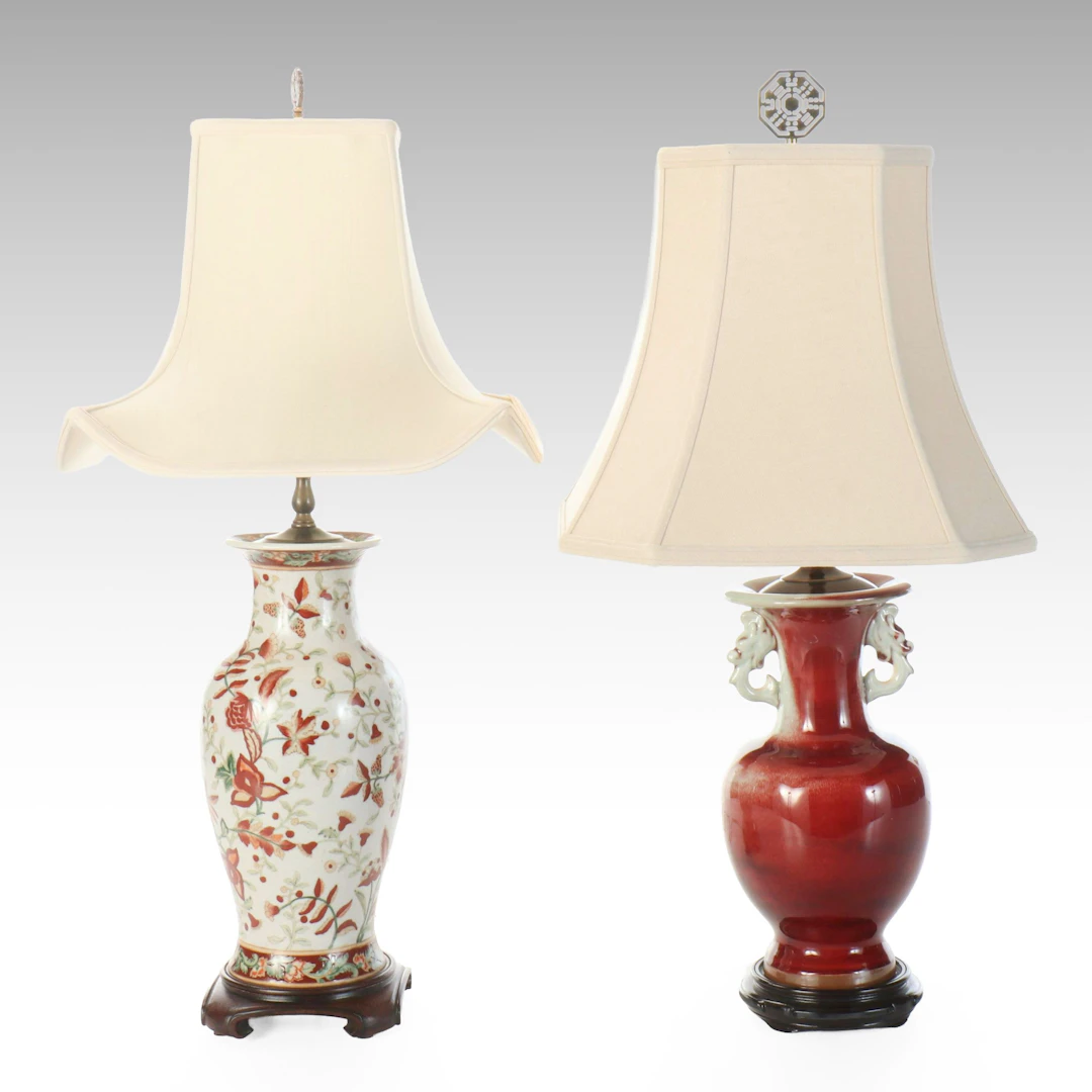 Chinese Dragon Handled Flambé and Other Porcelain Vase Table Lamps