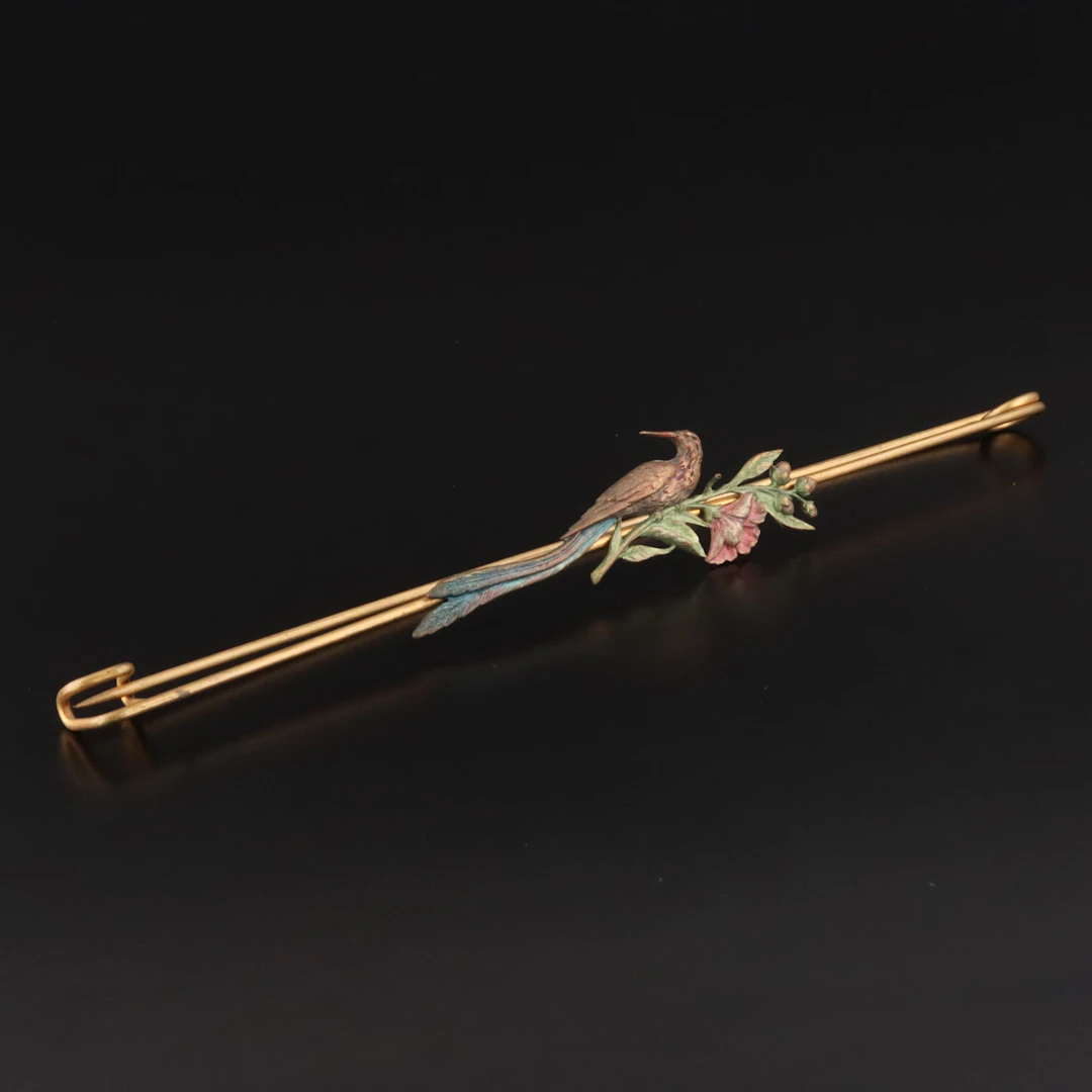 Art Nouveau Brass Enamel Bird Sash Safety Pin