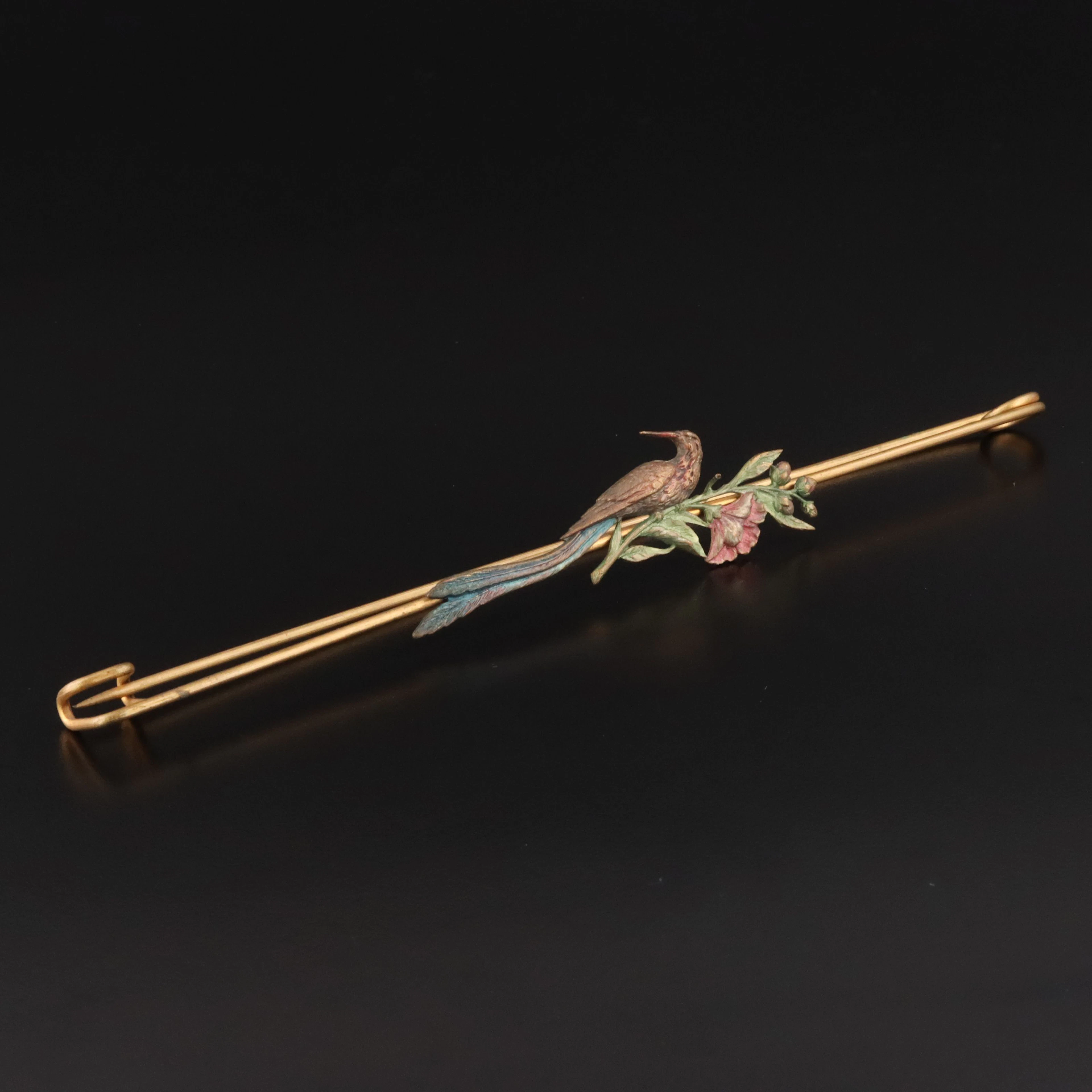 Art Nouveau Brass Enamel Bird Sash Safety Pin
