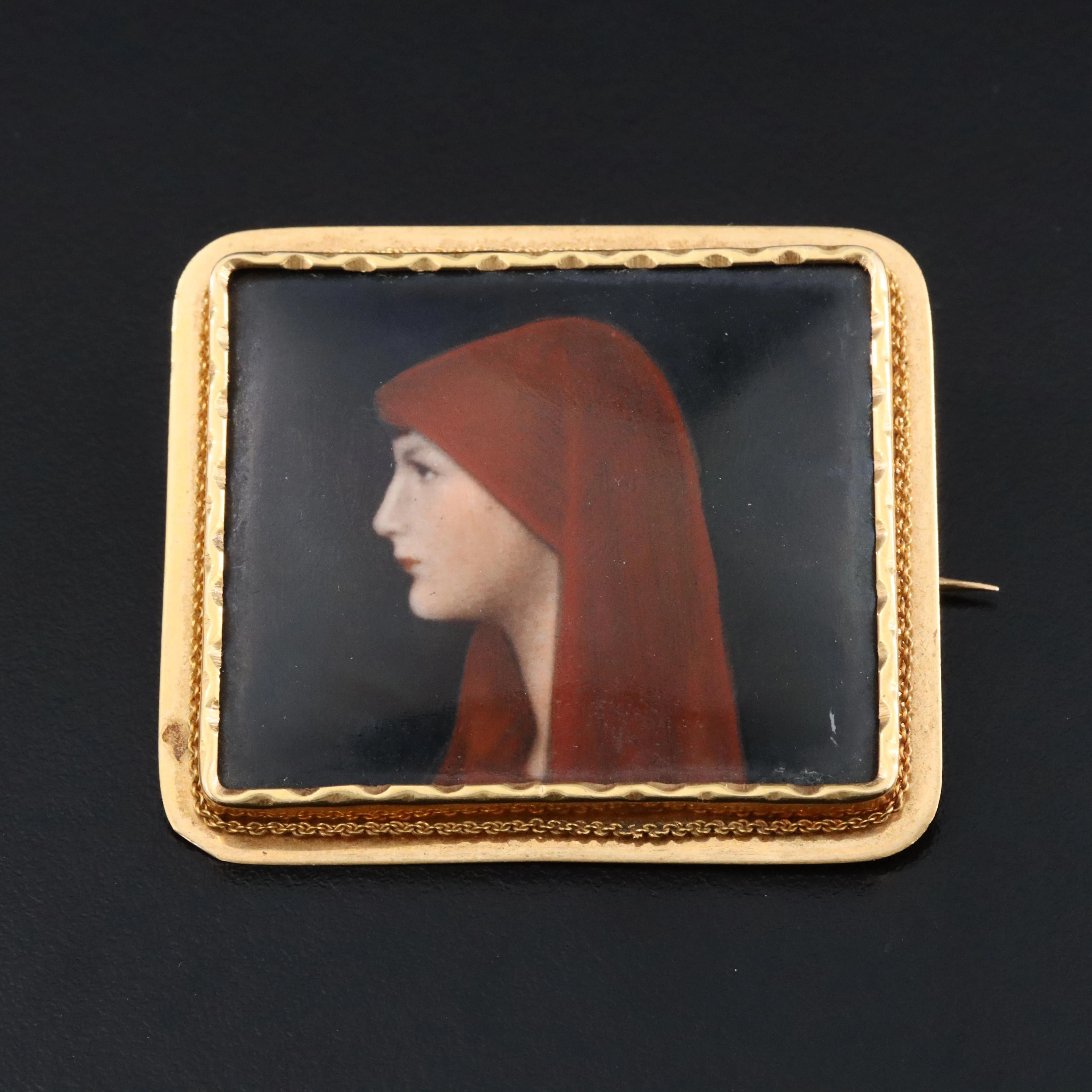 Victorian 18K Porcelain Brooch After Jean-Jacques Henner's "Fabiola of Rome"