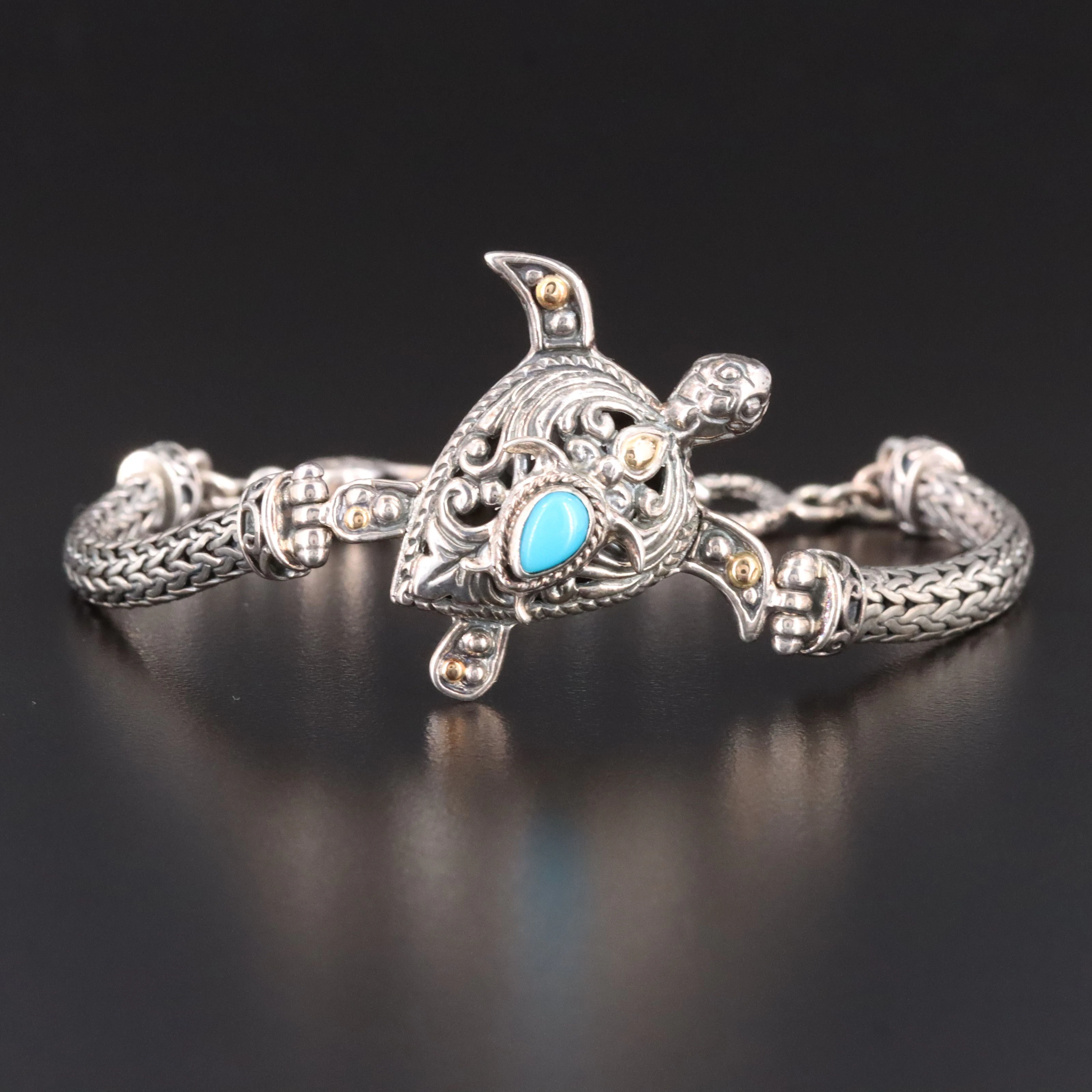 Bali Style Sterling Turquoise Sea Turtle and Baby Bracelet with 18K Accents