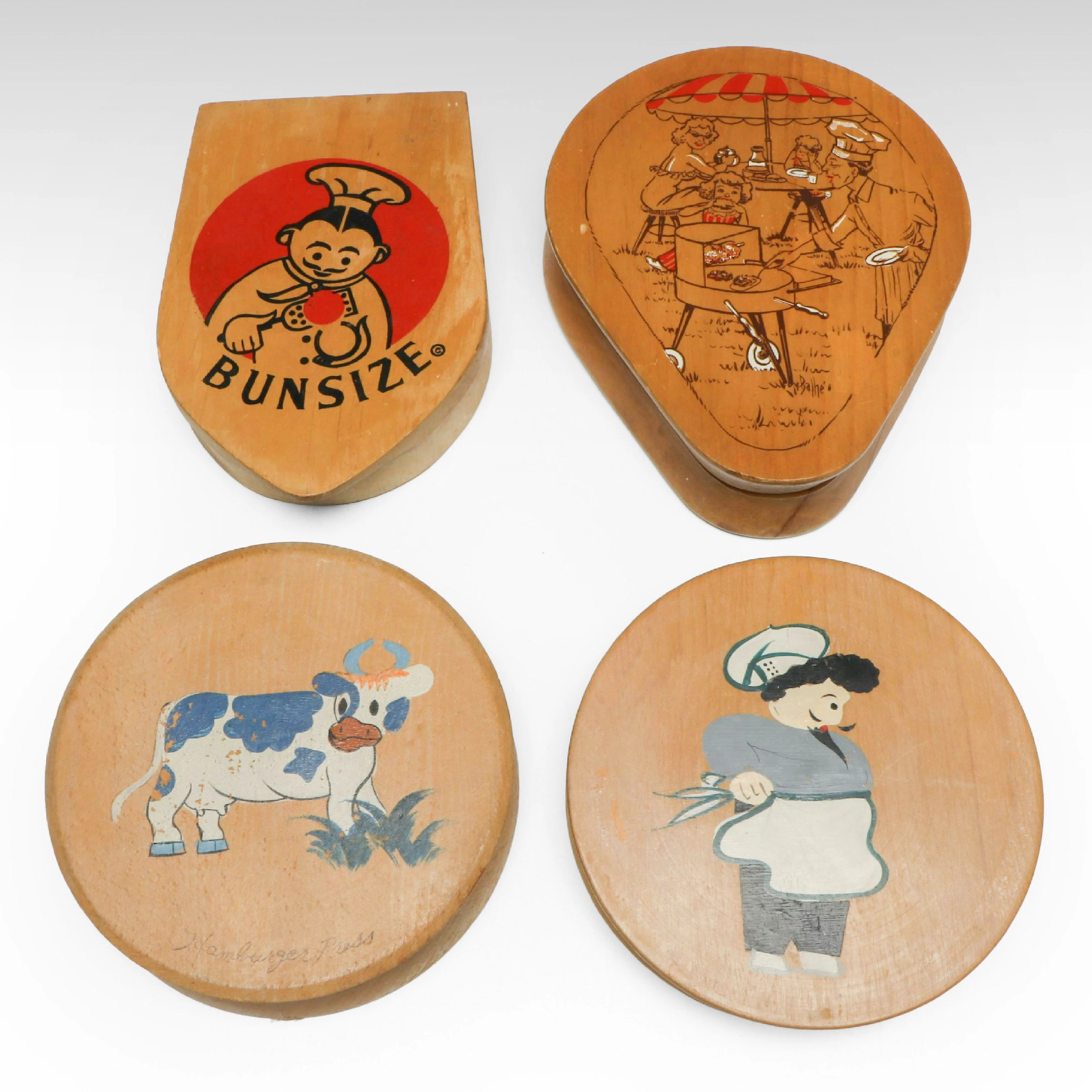 Bunsize and Other Novelty Wood Hamburger Presses, Mid to Late 20th Century