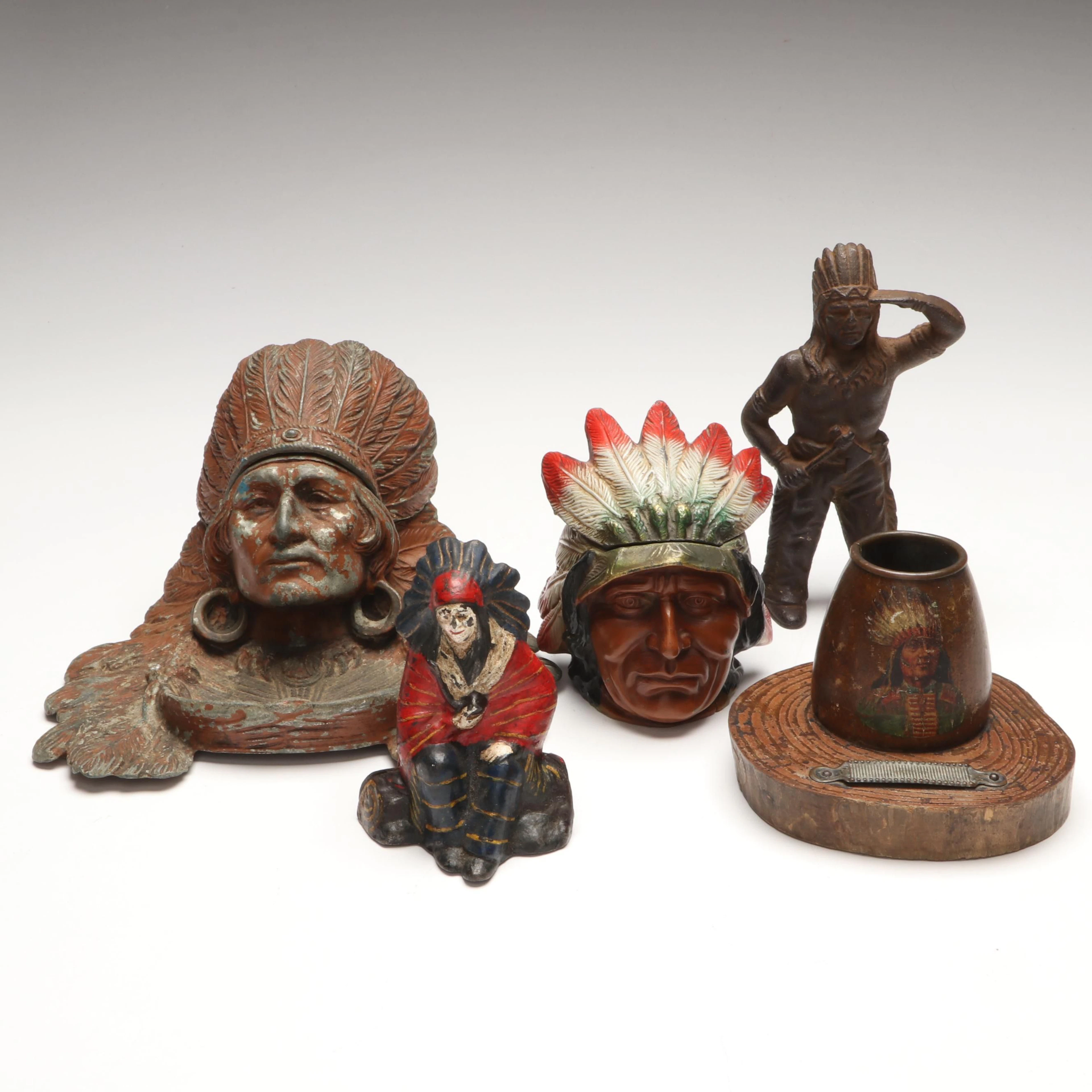 Cold Painted Metal with Other Native American Chief Inkwells and Coin Banks